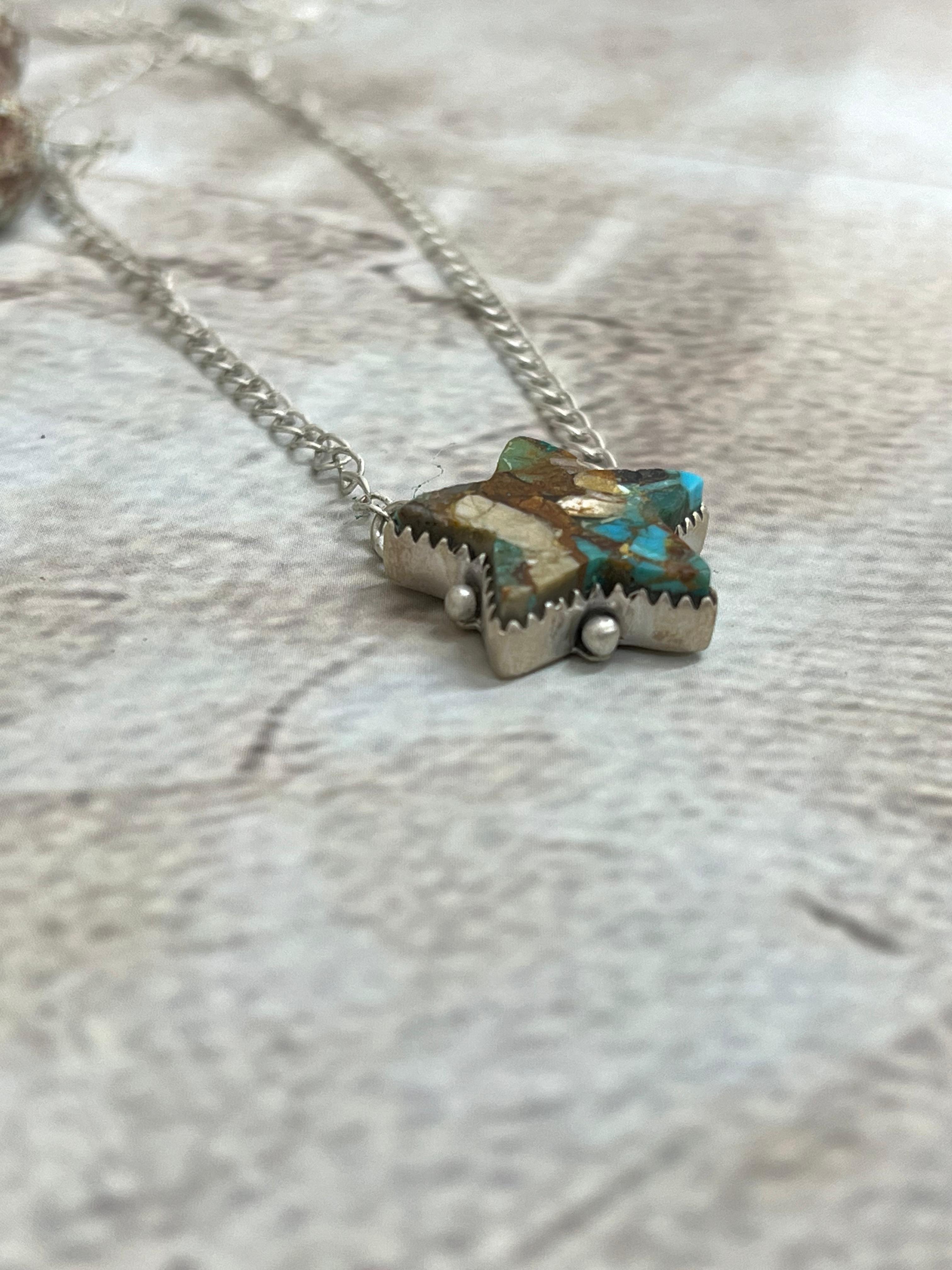 Handmade Sterling Silver Royston Turquoise Star Necklace with Signed Nizhoni