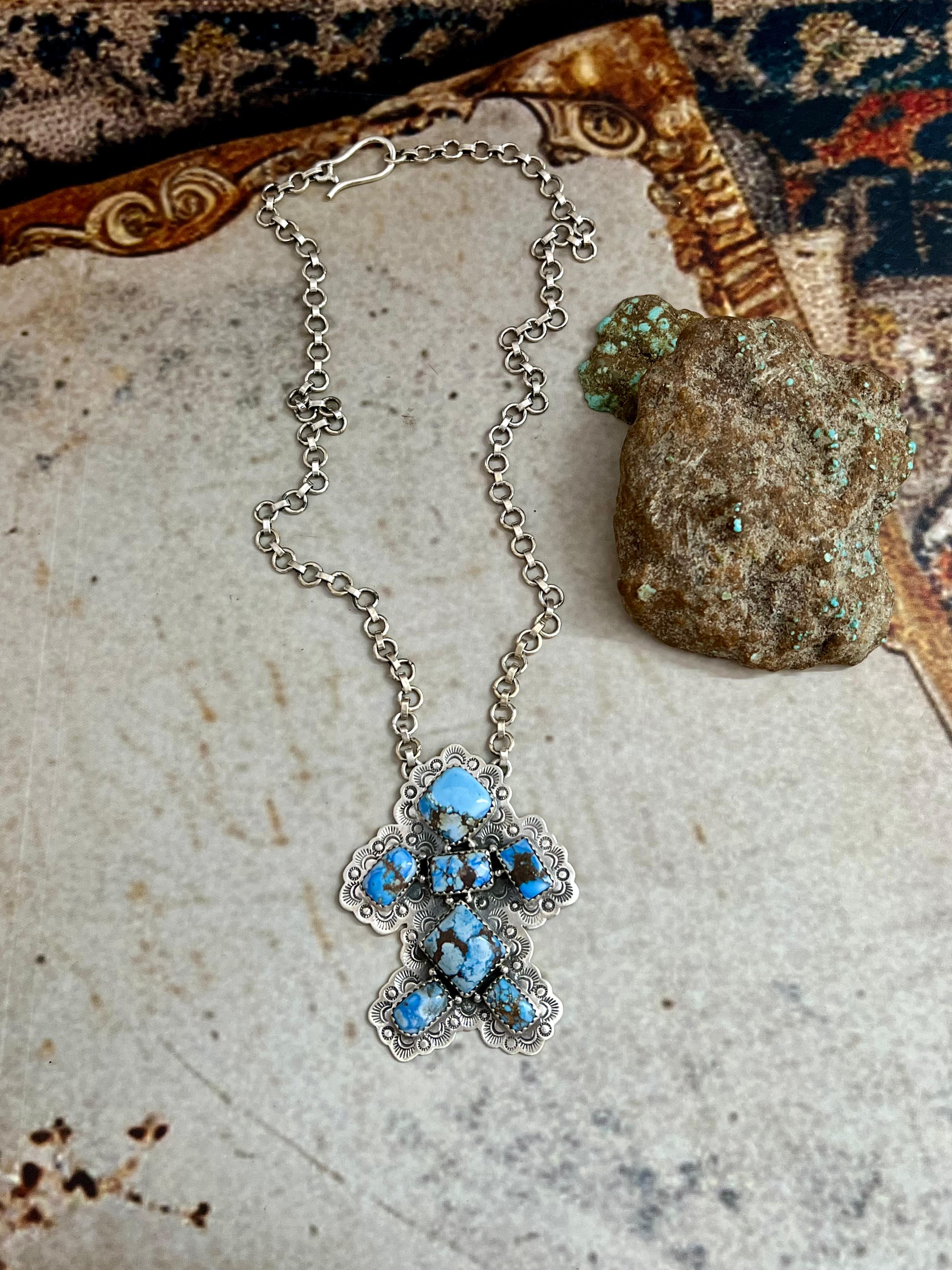 Handmade Sterling Silver Golden Hills Turquoise Necklace with Signed Nizhoni