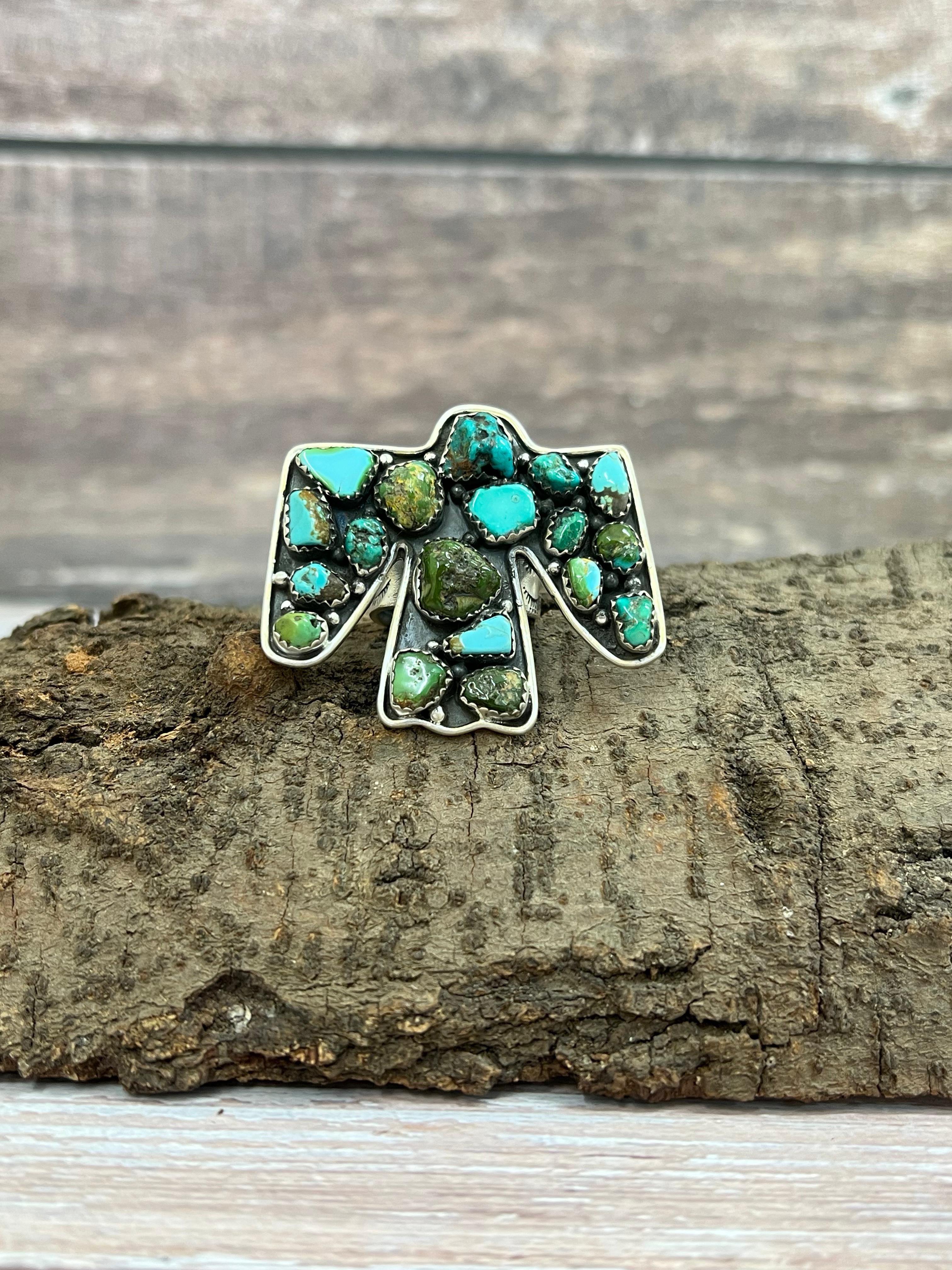 Handmade Sterling Silver Sonoran Mountain Turquoise Thunder Bird Adjustable Ring with Signed Nizhoni