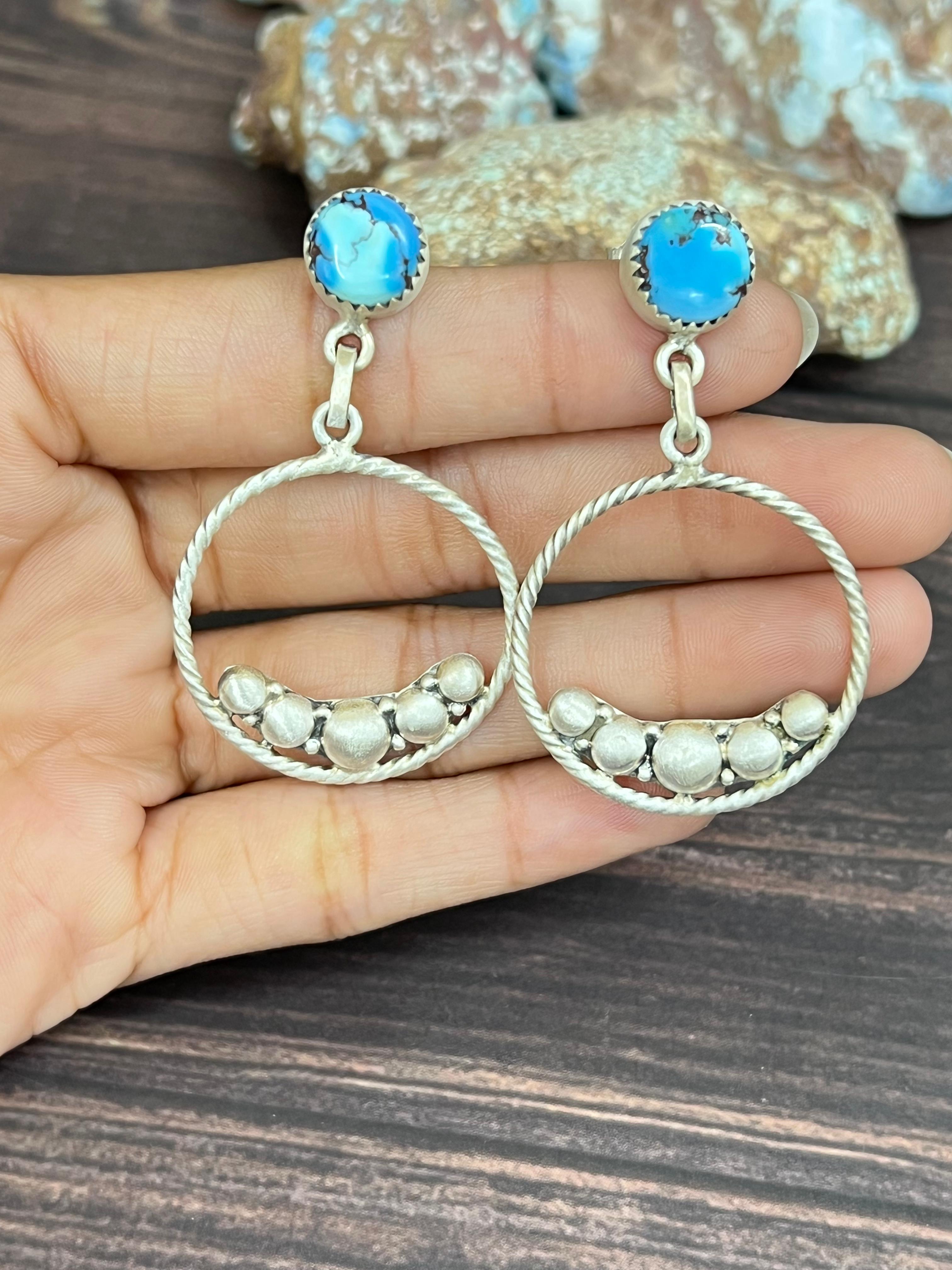 Handmade Sterling Silver Golden Hills Turquoise Post Hoop Earrings with Signed Nizhoni