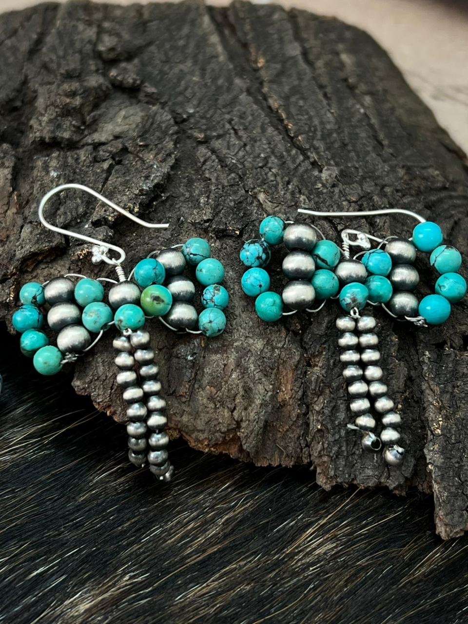 Handmade Sterling Silver Kingman Turquoise Beaded Hook Dangle Earrings "Signed Nizhoni"
