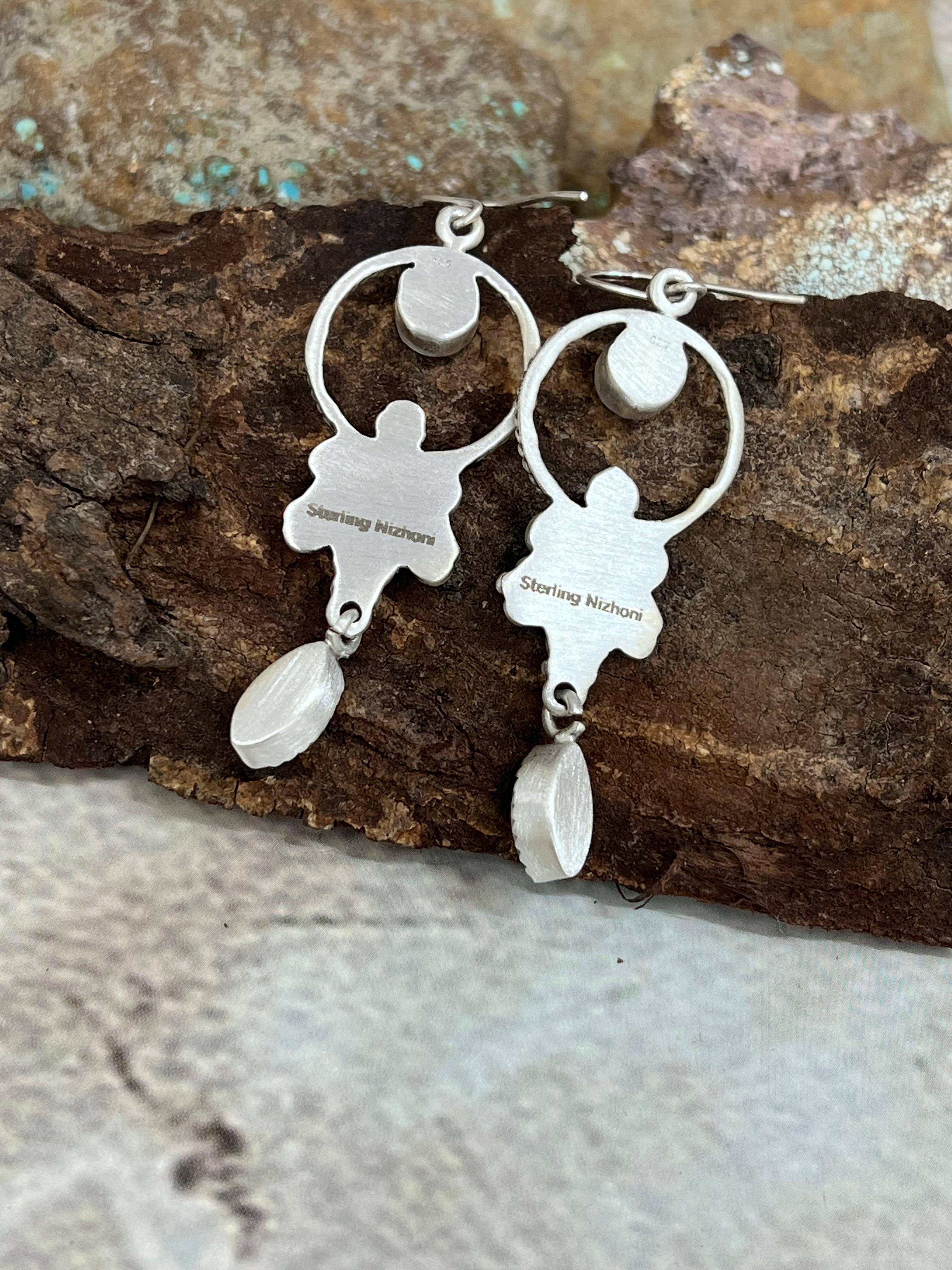 Handmade Sterling Silver Kingman Turquoise Hook Earrings with Signed Nizhoni