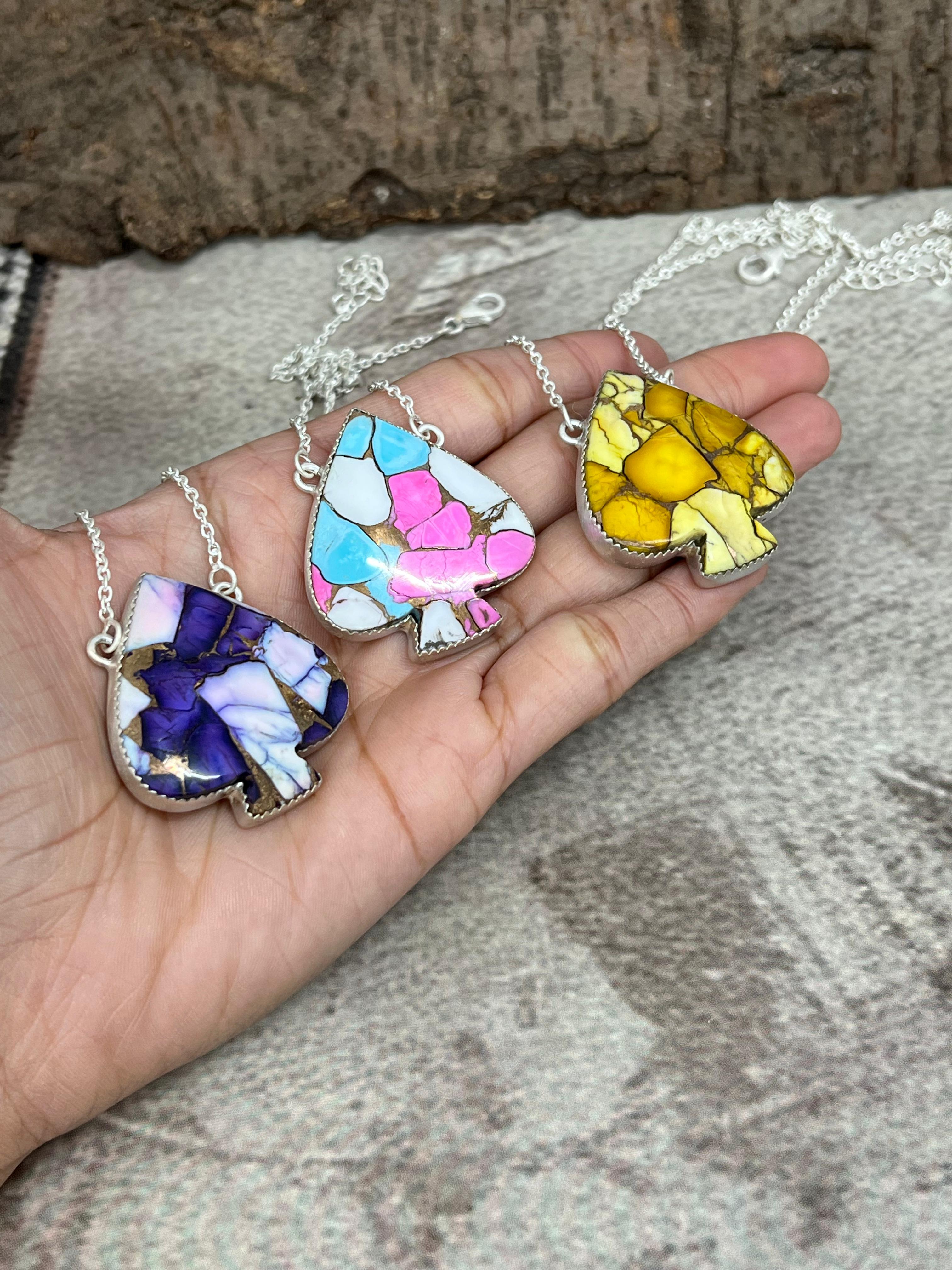 Handmade Sterling Silver Multi Stone Spade Necklace, Signed Nizhoni