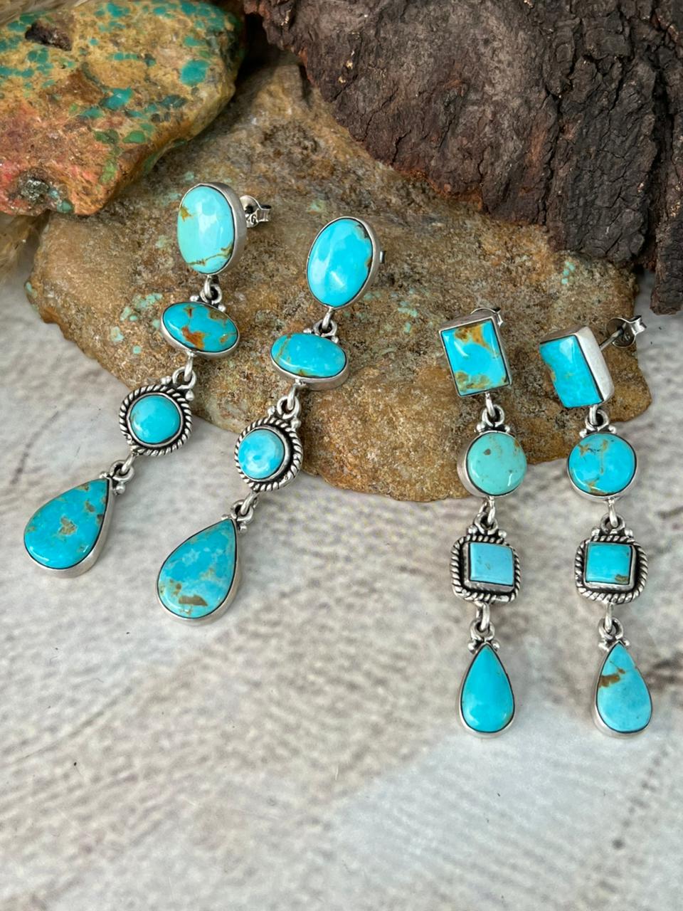 Handmade Sterling Silver Santa Maria Turquoise Post Dangle Earrings "Signed Nizhoni"