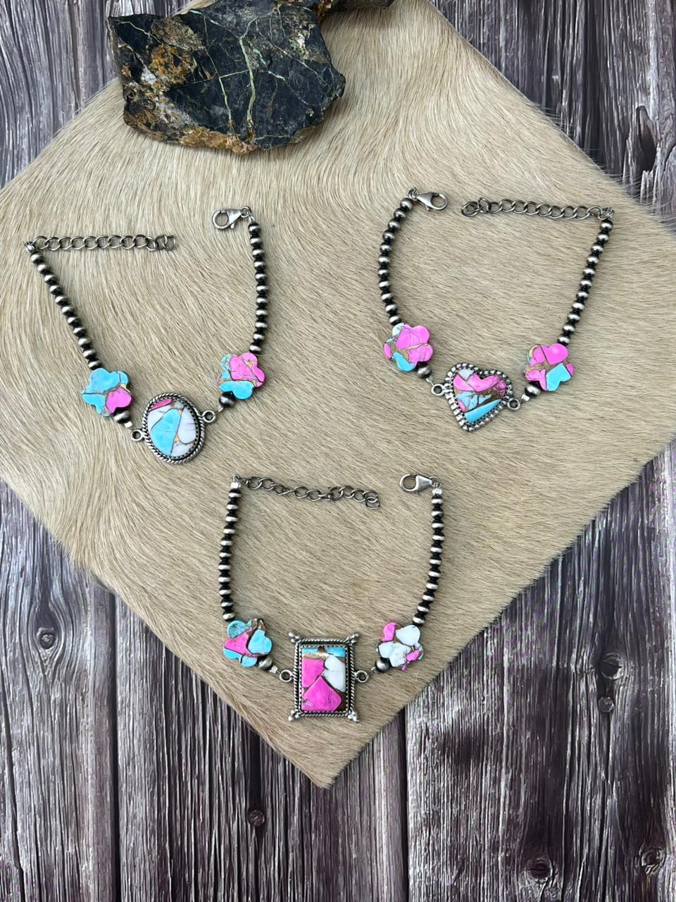 Handmade Sterling Silver Cotton Candy Beaded Chain Bracelet "Signed Nizhoni"