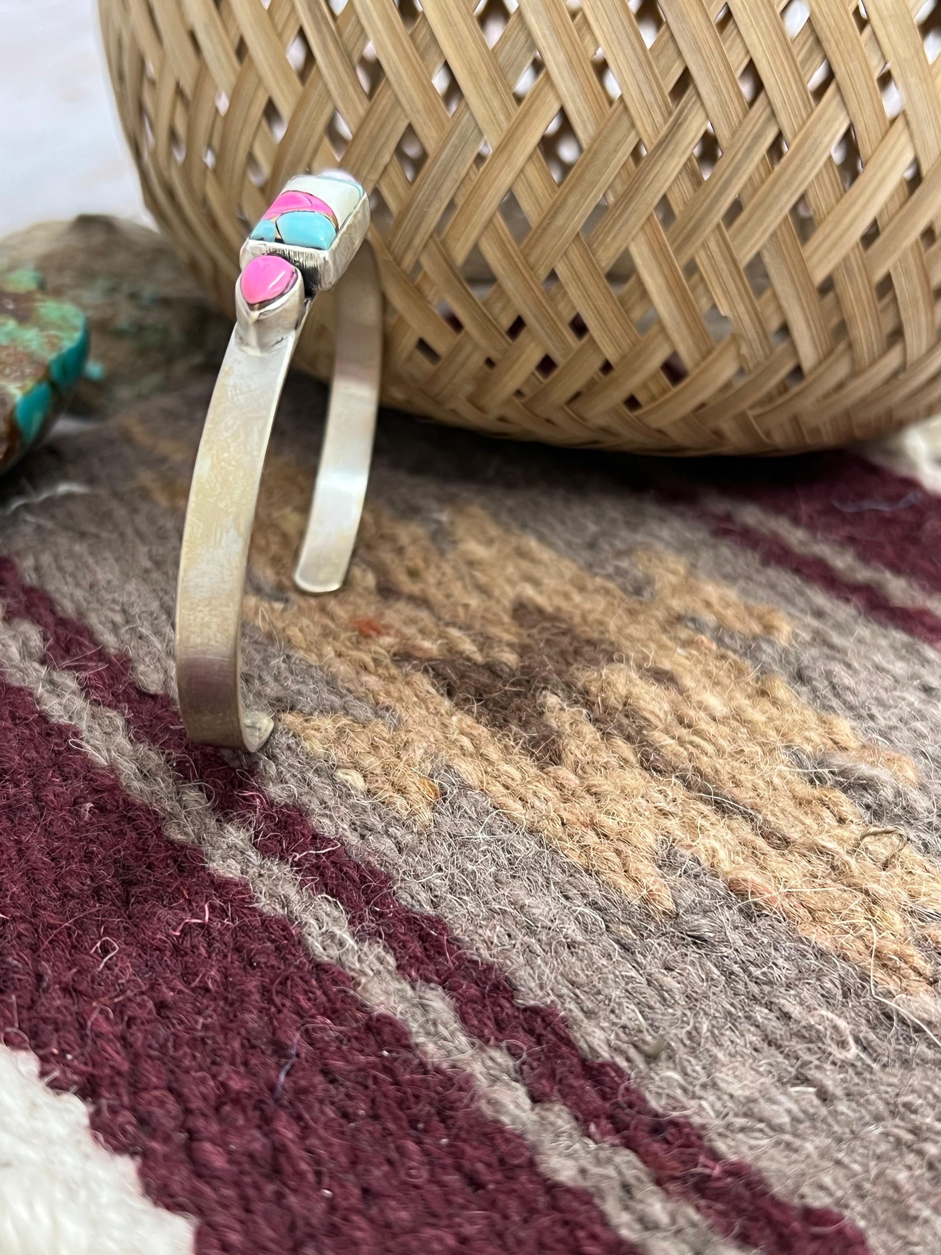 Handmade Sterling Silver Cotton Candy Turquoise Cuff Bracelet with Signed Nizhoni