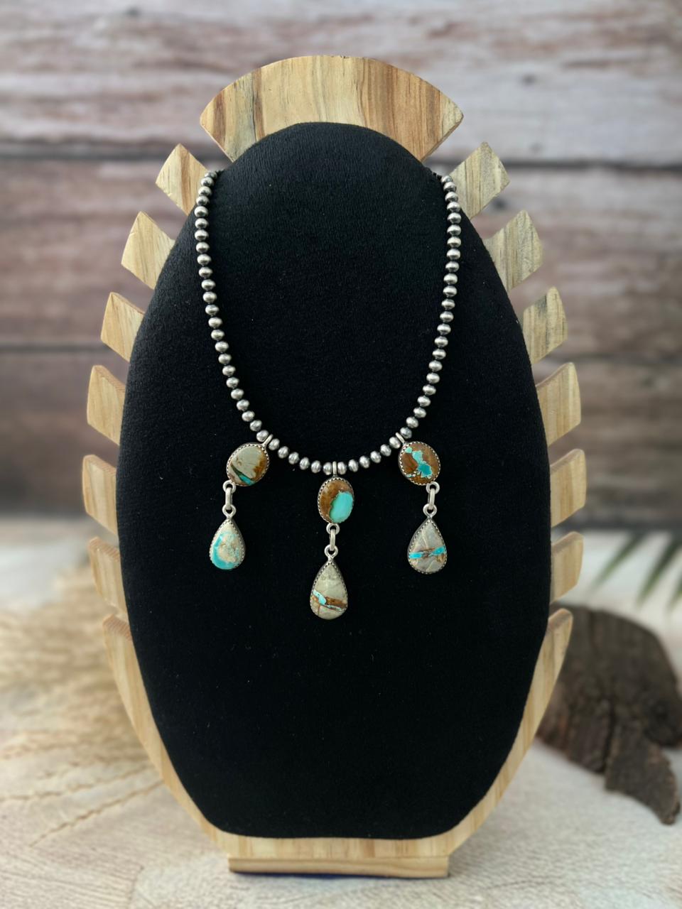 Handmade Sterling Silver Royston Ribbon Turquoise Beaded Necklace "Signed Nizhoni"