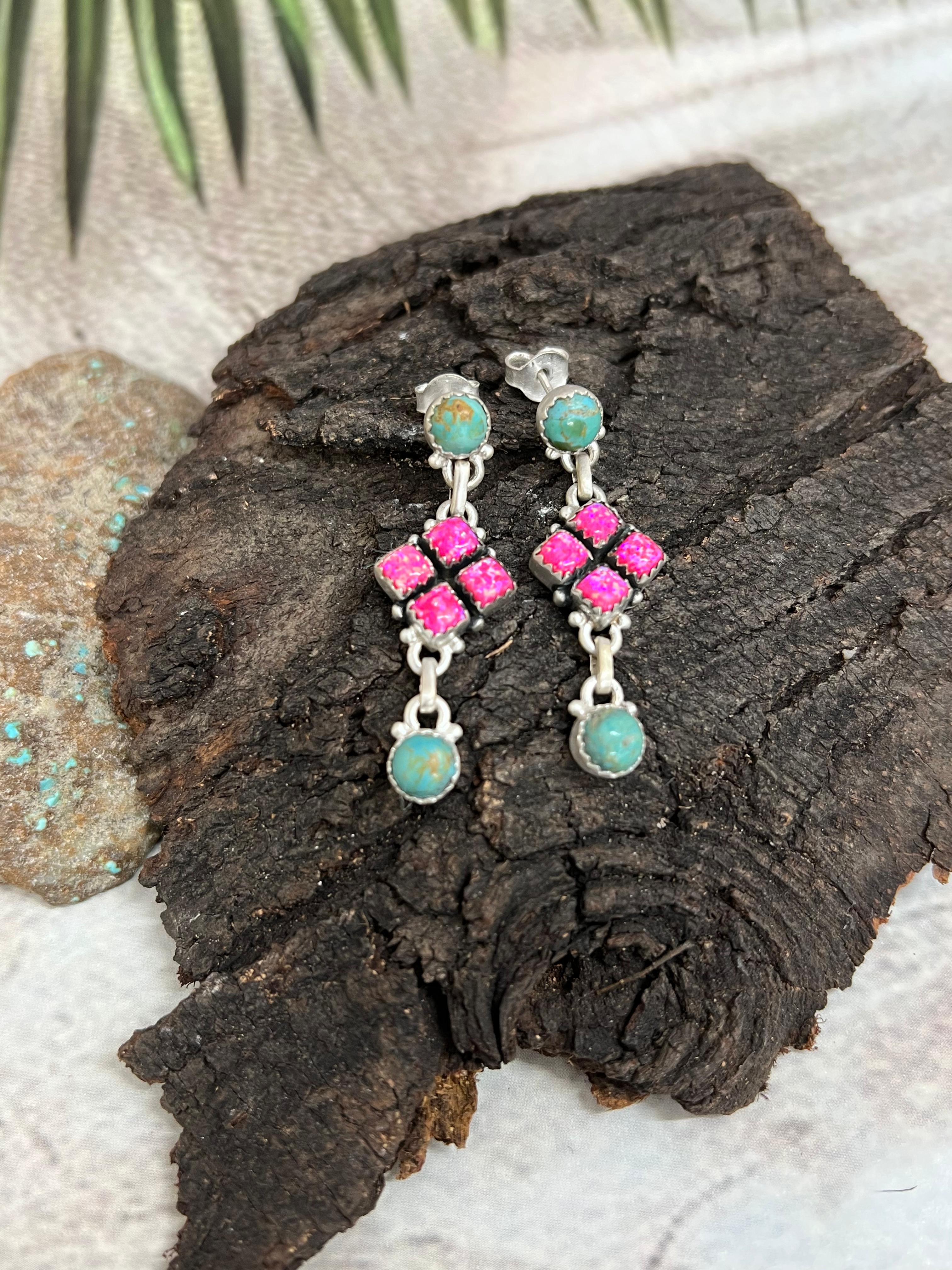 Handmade Sterling Silver Hot Pink with Kingman Turquoise Post Dangle Earrings, Signed Nizhoni (5)