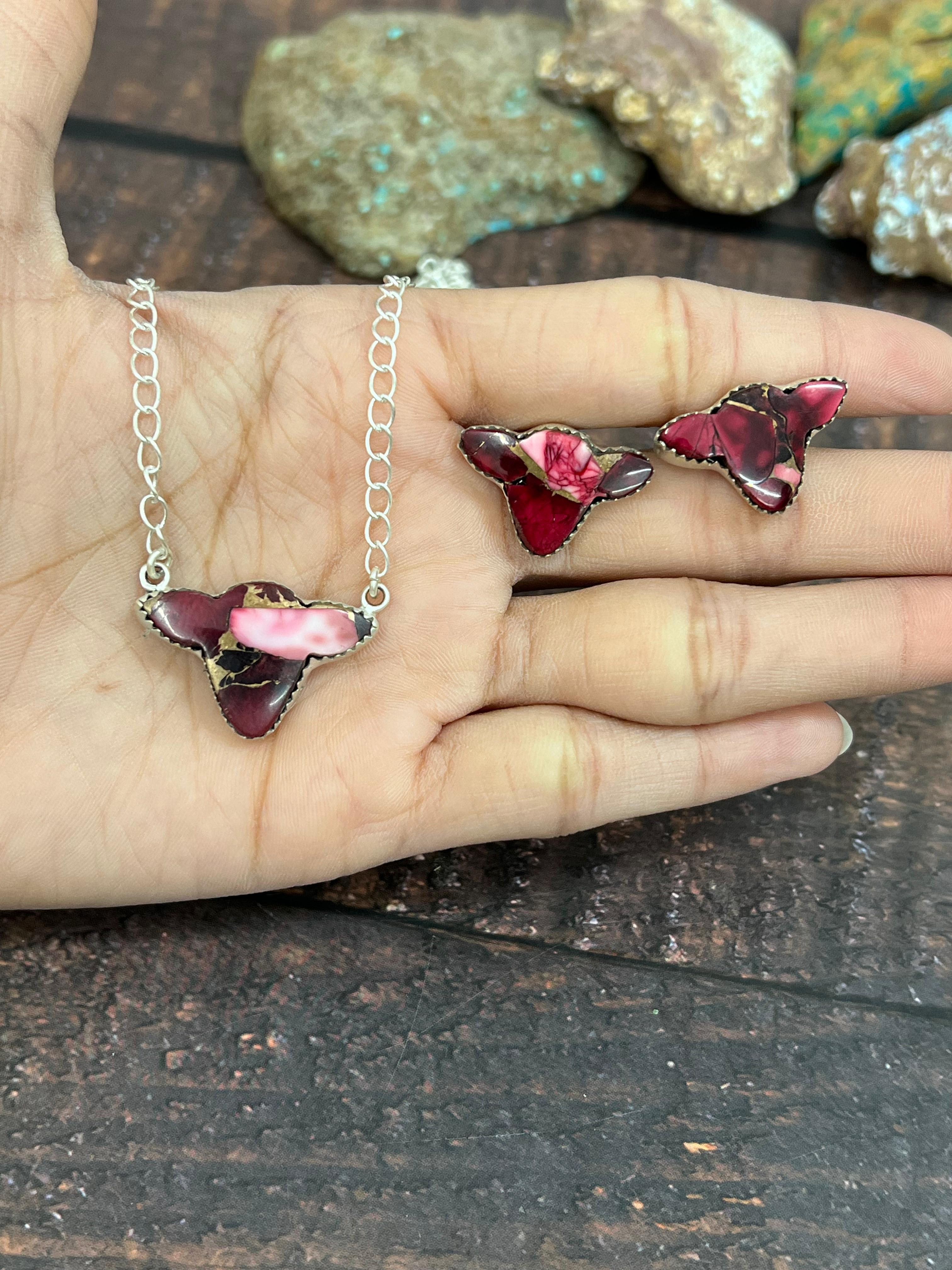 Handmade Sterling Silver Grape Dahlia, Dahlia Rose Bull Necklace Earrings Set with Signed Nizhoni