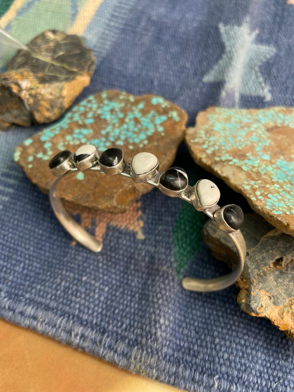 Handmade Sterling Silver White Buffalo Cuff Bracelet "Signed Nizhoni"