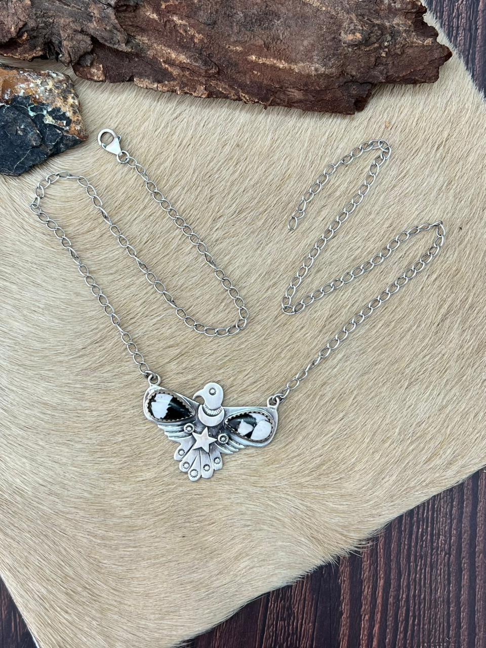 Handmade Sterling Silver White Buffalo Thunder Bird Necklace "Signed Nizhoni"