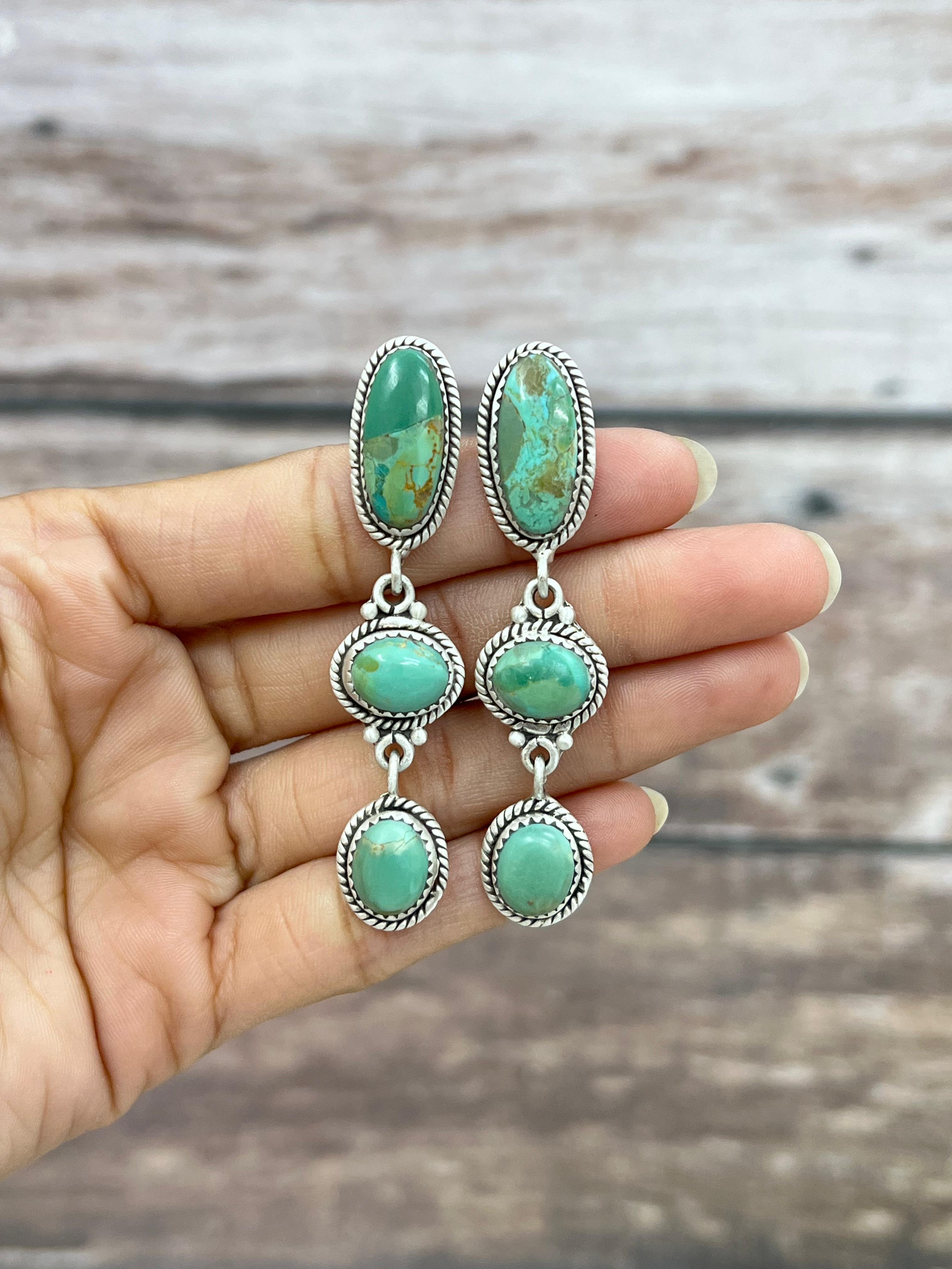 Handmade Sterling Silver Kingman Turquoise Post Dangle Earrings with Signed Nizhoni