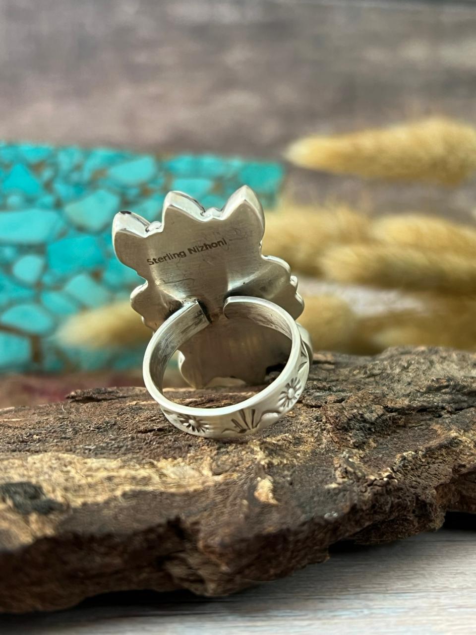Handmade Sterling Silver Kingman with Wildhorse Magnesite Adjustable Ring "Signed Nizhoni"