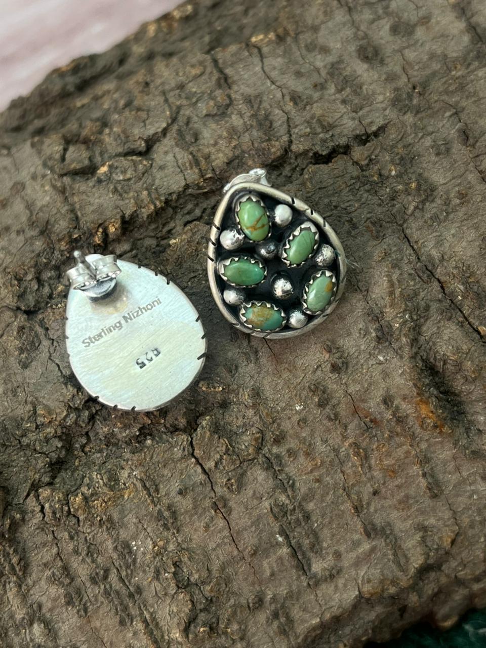 Handmade Sterling Silver Kingman Turquoise Post Studs Earrings "Signed Nizhoni"