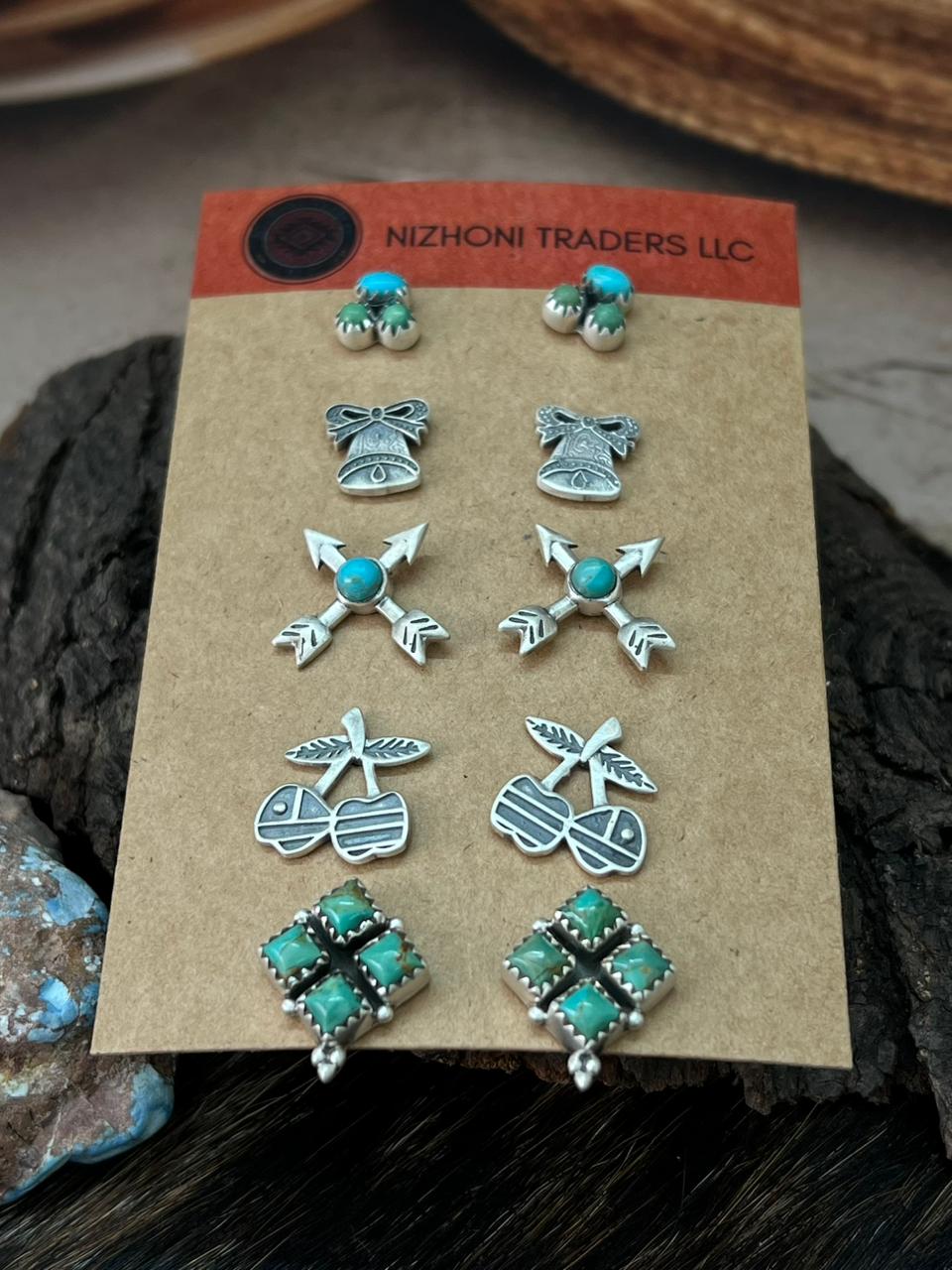 Handmade Sterling Silver Kingman Turquoise Post Studs Earrings Set