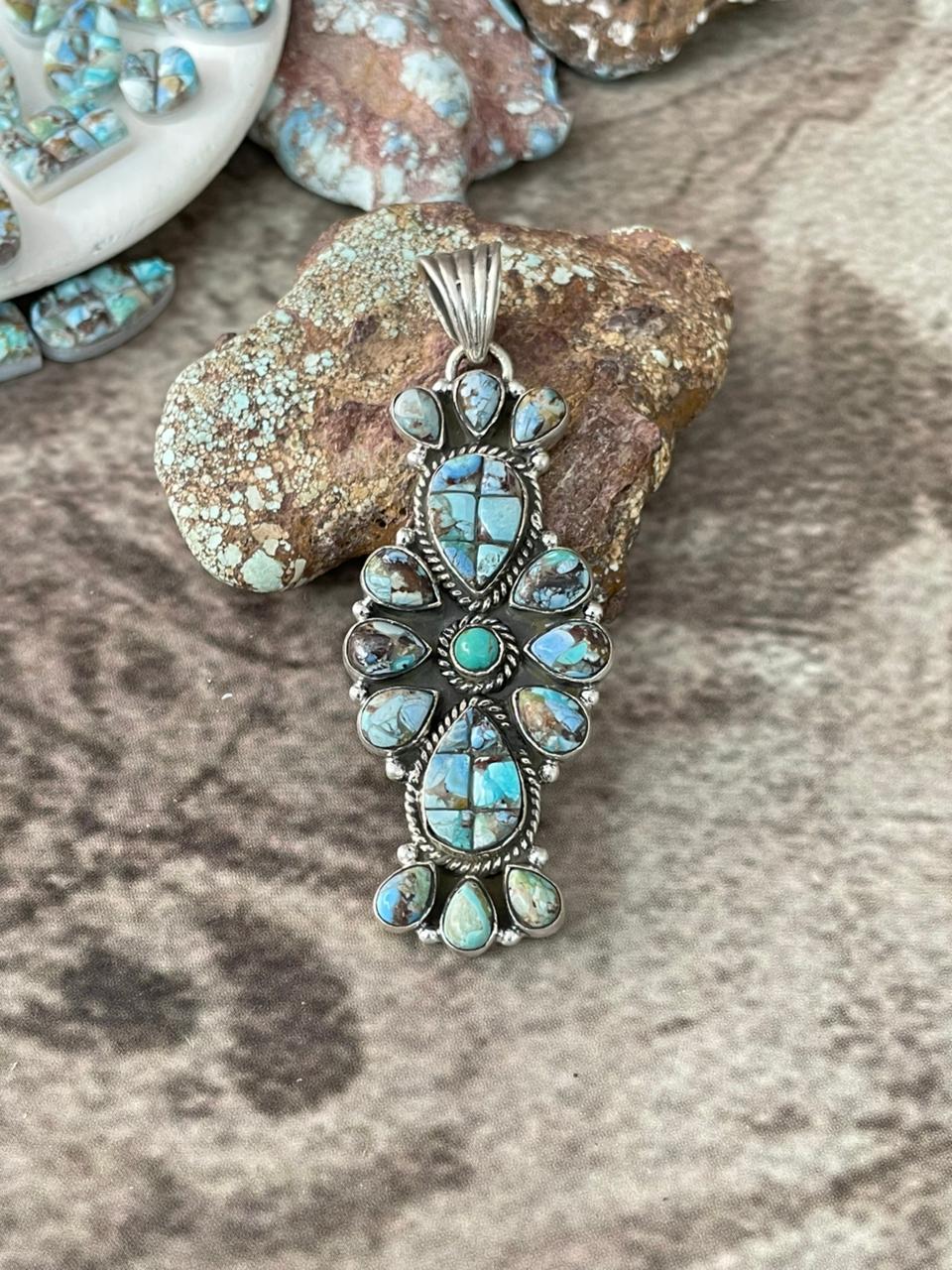 Handmade Sterling Silver Golden Hills Turquoise Cobble Collection Pendant "Signed Nizhoni"