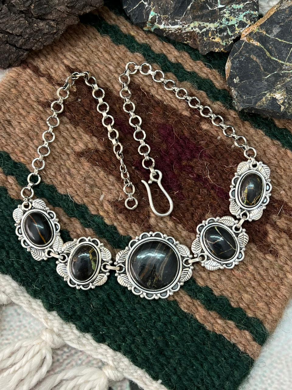 Handmade Sterling Silver Blackjack Turquoise Necklace "Signed Nizhoni"