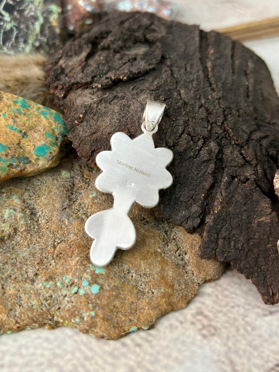 Handmade Sterling Silver Orange Mojave with White Buffalo Pendant "Signed Nizhoni"