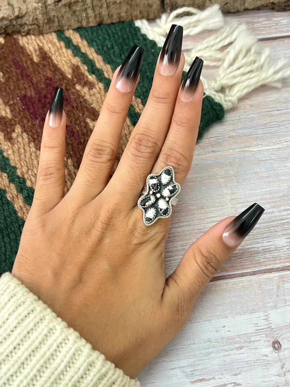 Handmade Sterling Silver White Buffalo Adjustable Ring "Signed Nizhoni"