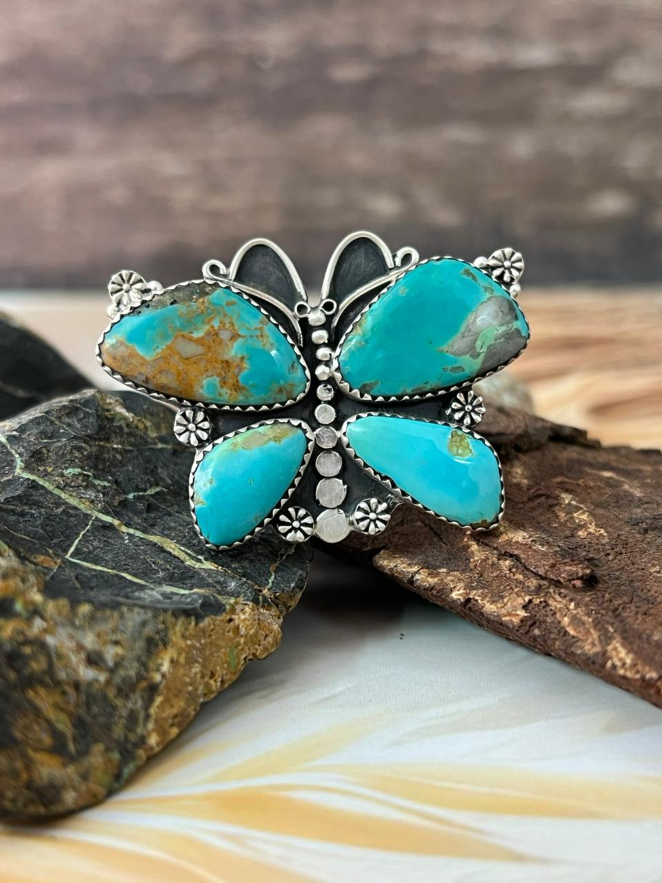 Handmade Sterling Silver Royston Ribbon Turquoise Butterfly Adjustable Ring "Signed Nizhoni"
