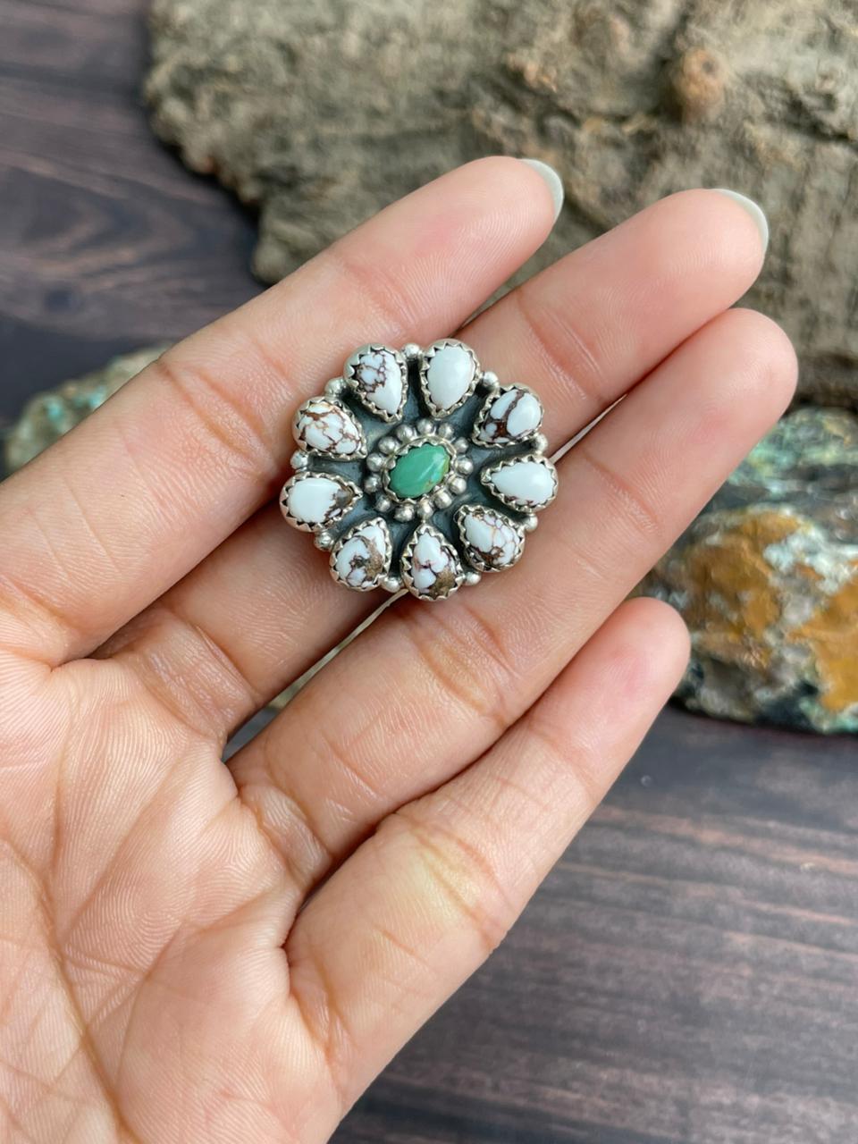 Handmade Sterling Silver Kingman with Wildhorse Magnesite Adjustable Ring "Signed Nizhoni"