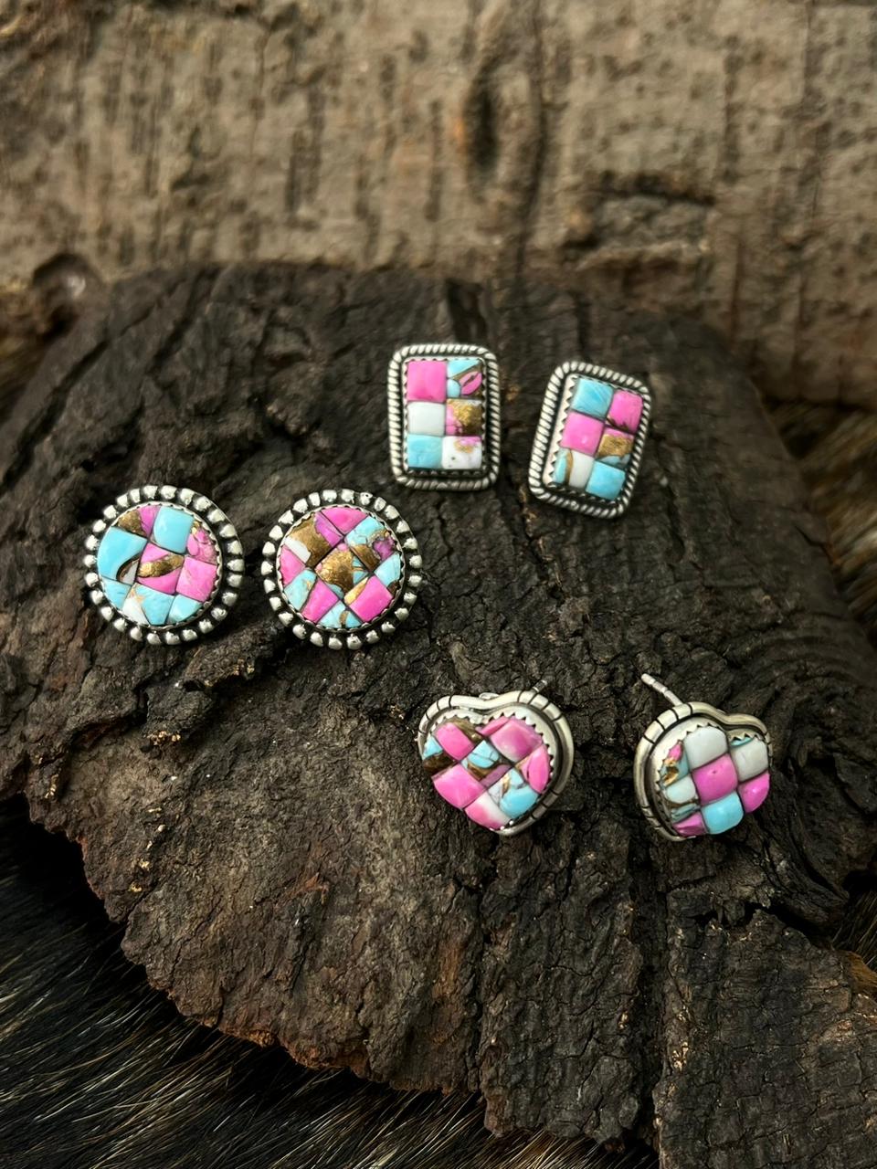 Handmade Sterling Silver Cotton Candy Post Studs Earrings "Signed Nizhoni"
