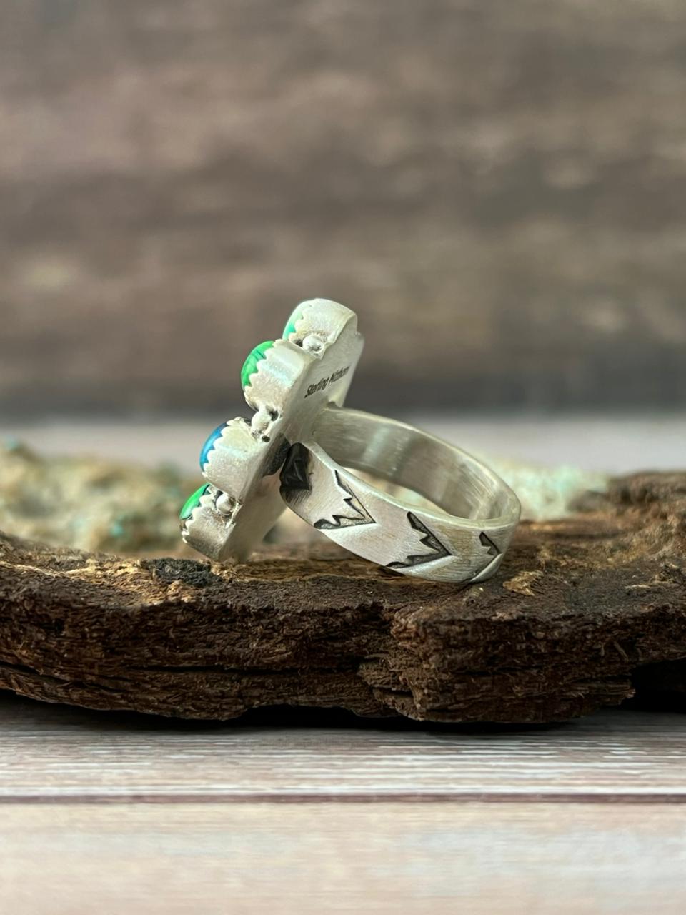 Handmade Sterling Silver Peacock Dahlia Adjustable Ring With Signed Nizhoni