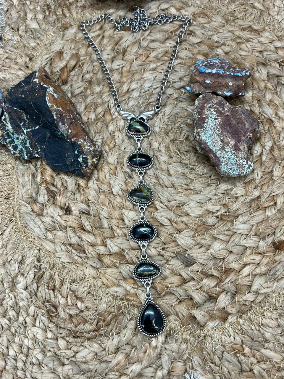 Handmade Sterling Silver Blackjack Turquoise Necklace "Signed Nizhoni"