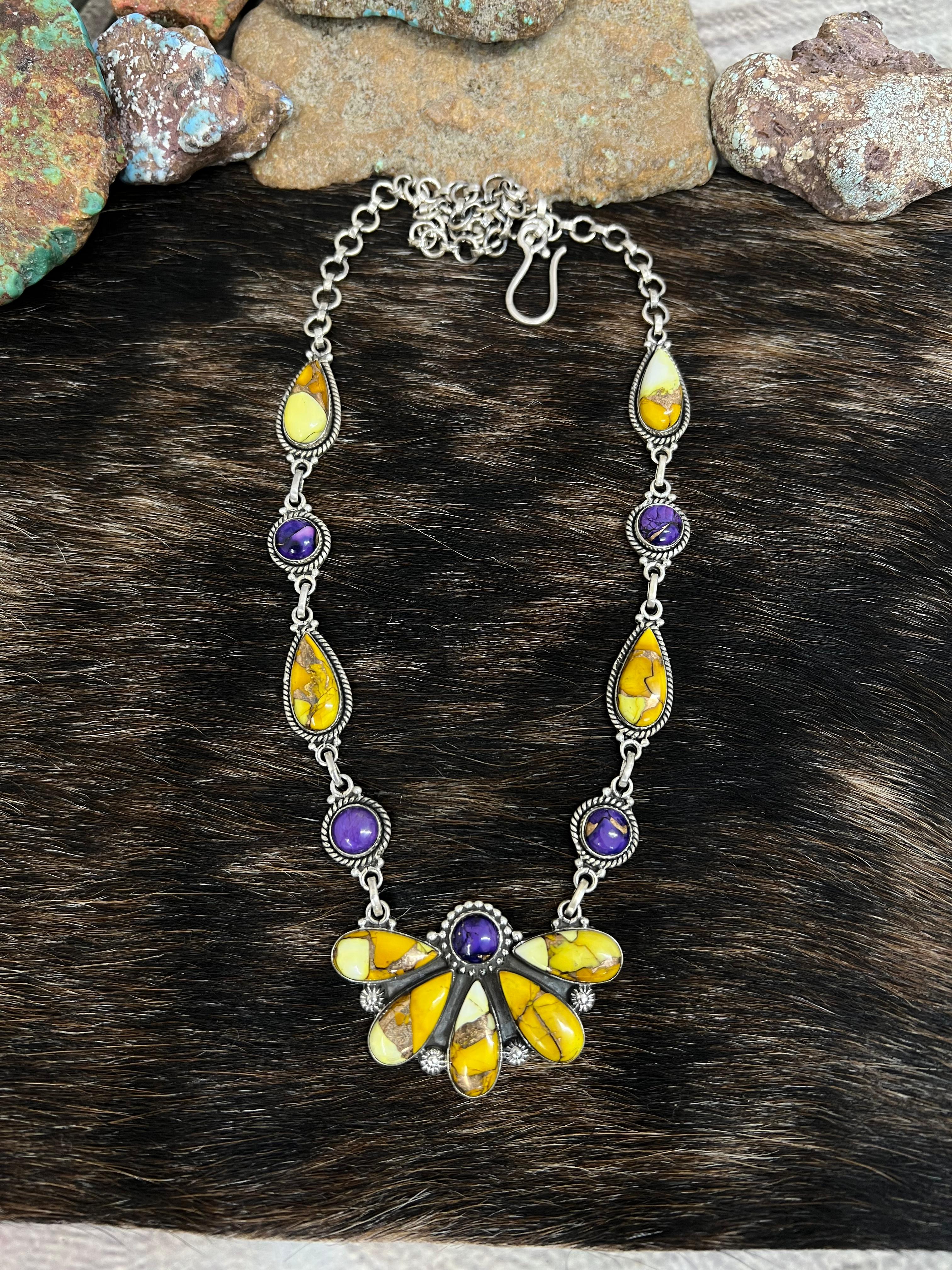 Handmade Sterling Silver Grape Dahlia, Honey Dahlia Necklace with Signed Nizhoni