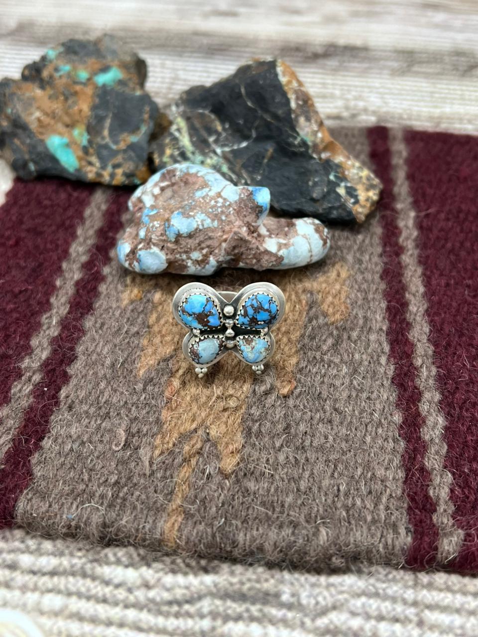 Handmade Sterling Silver Golden Hills Turquoise Butterfly Adjustable Ring "Signed Nizhoni"