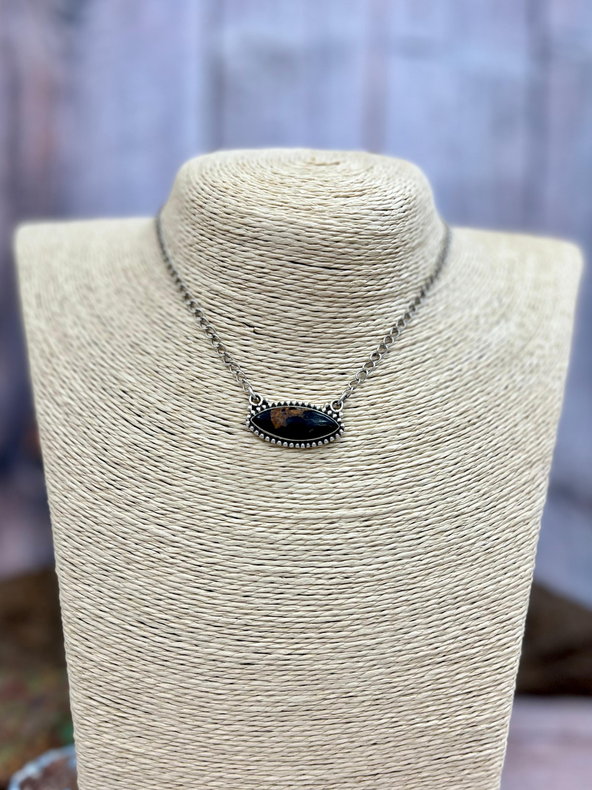 Handmade Sterling Silver Black Jack Necklace with Signed Nizhoni