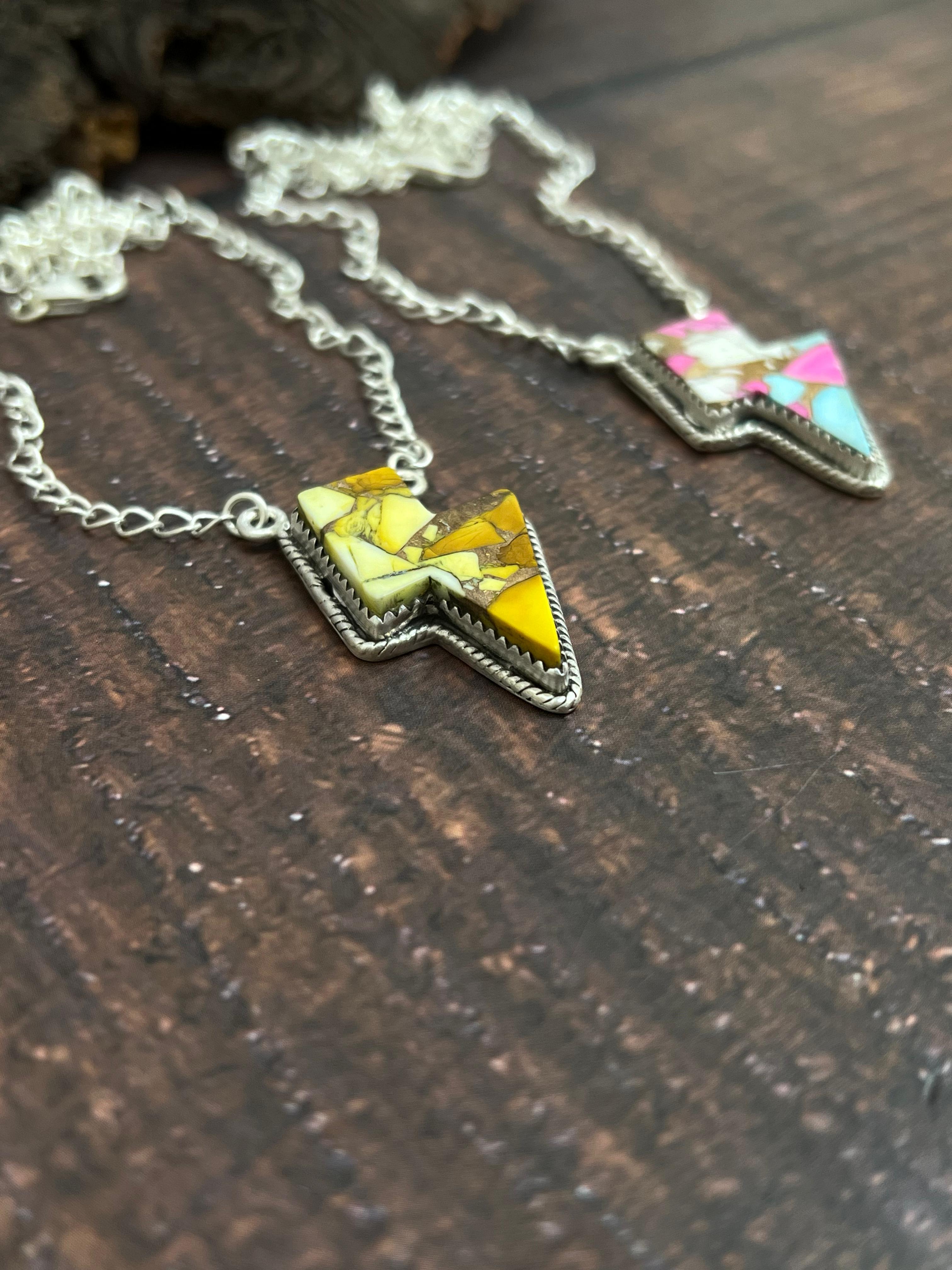 Handmade Sterling Silver Cotton Candy, Honey Dahlia Lightning Bolt Necklace Signed Nizhoni (3)