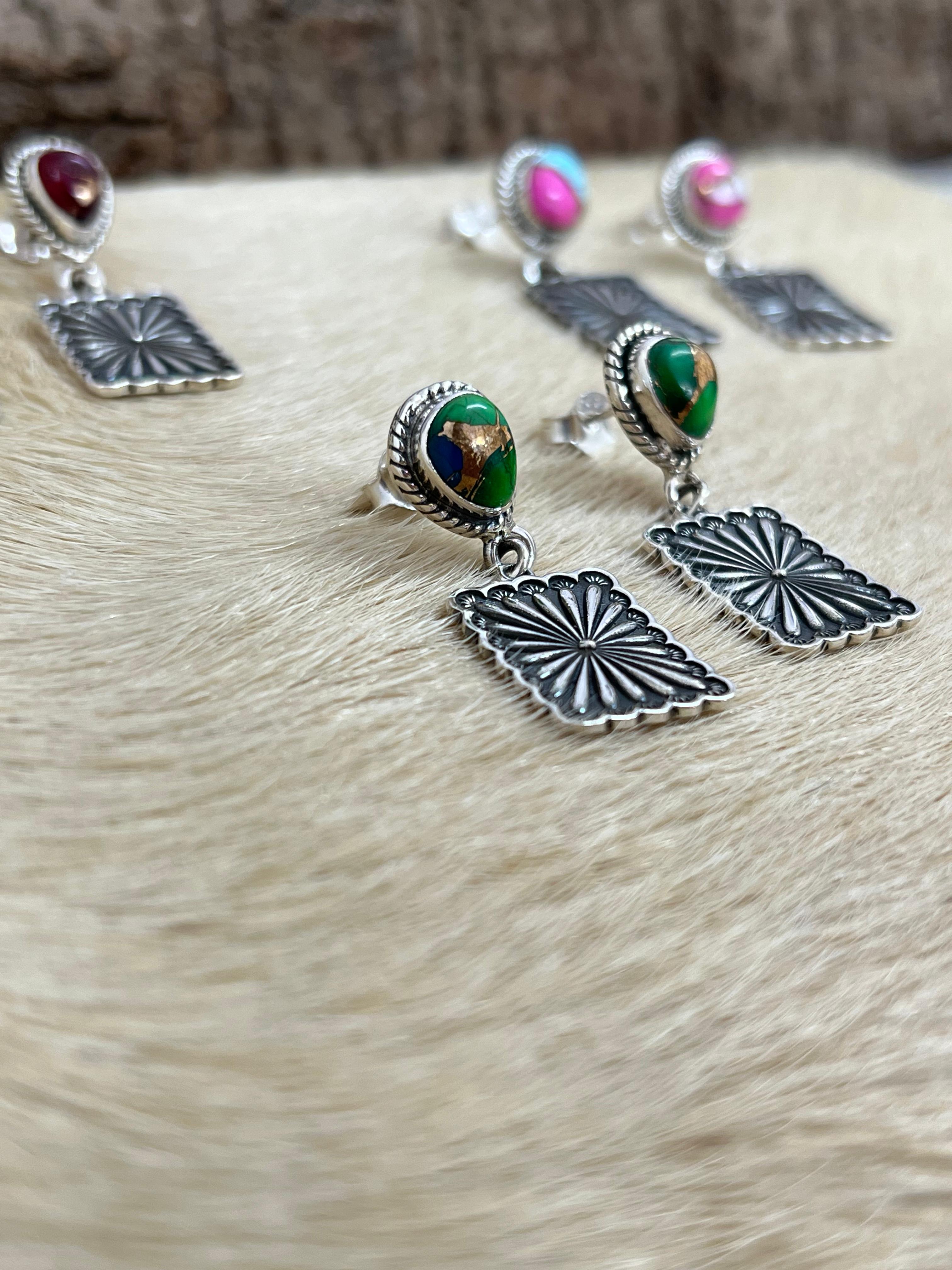 Handmade Sterling Silver Peacock Dahlia, Cotton Candy, Dahlia Rose Dangle Earrings, Signed Nizhoni (3)