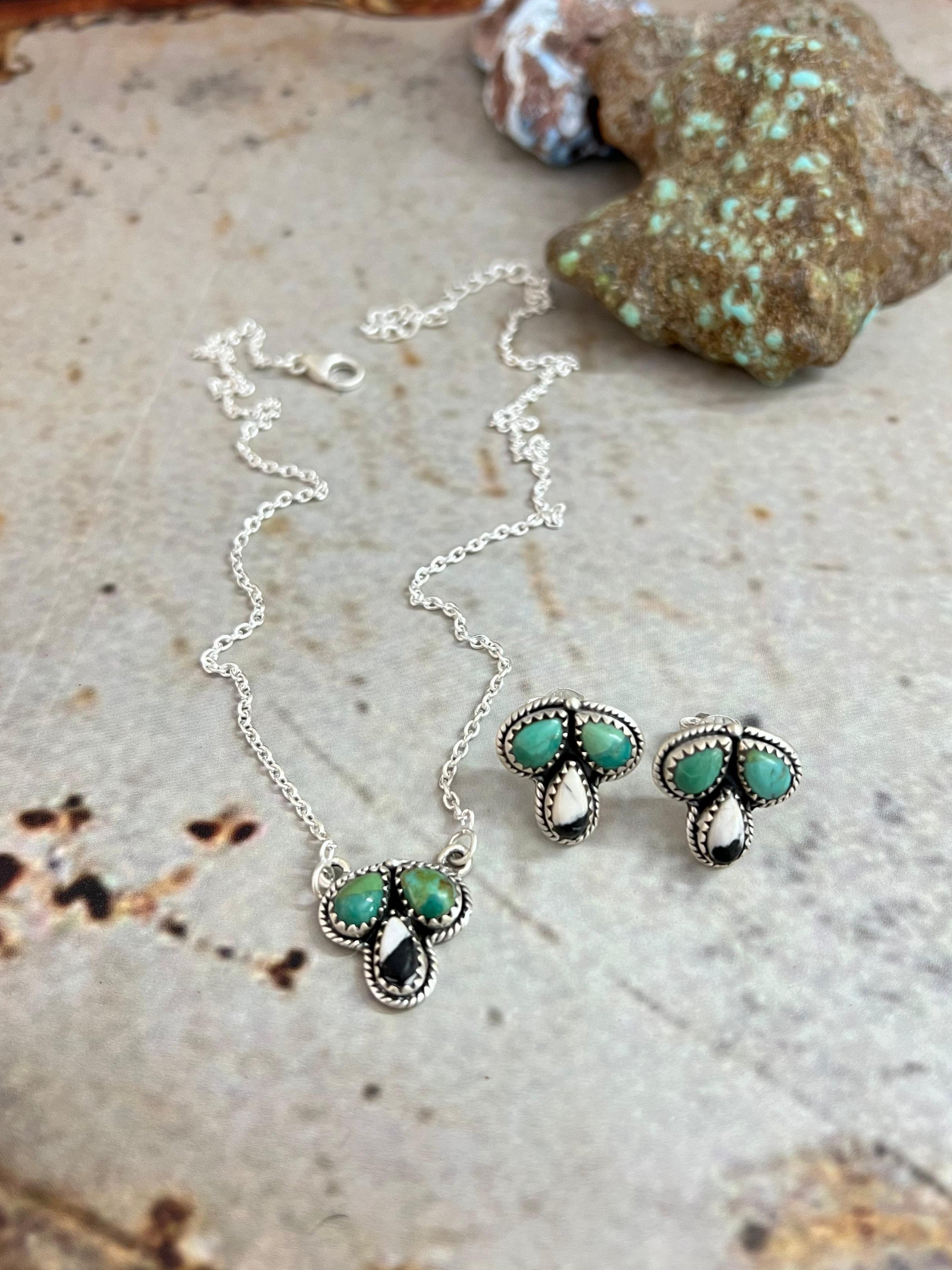 Handmade Sterling Silver White Buffalo with Kingman Turquoise Necklace Earrings Set, Signed Nizhoni