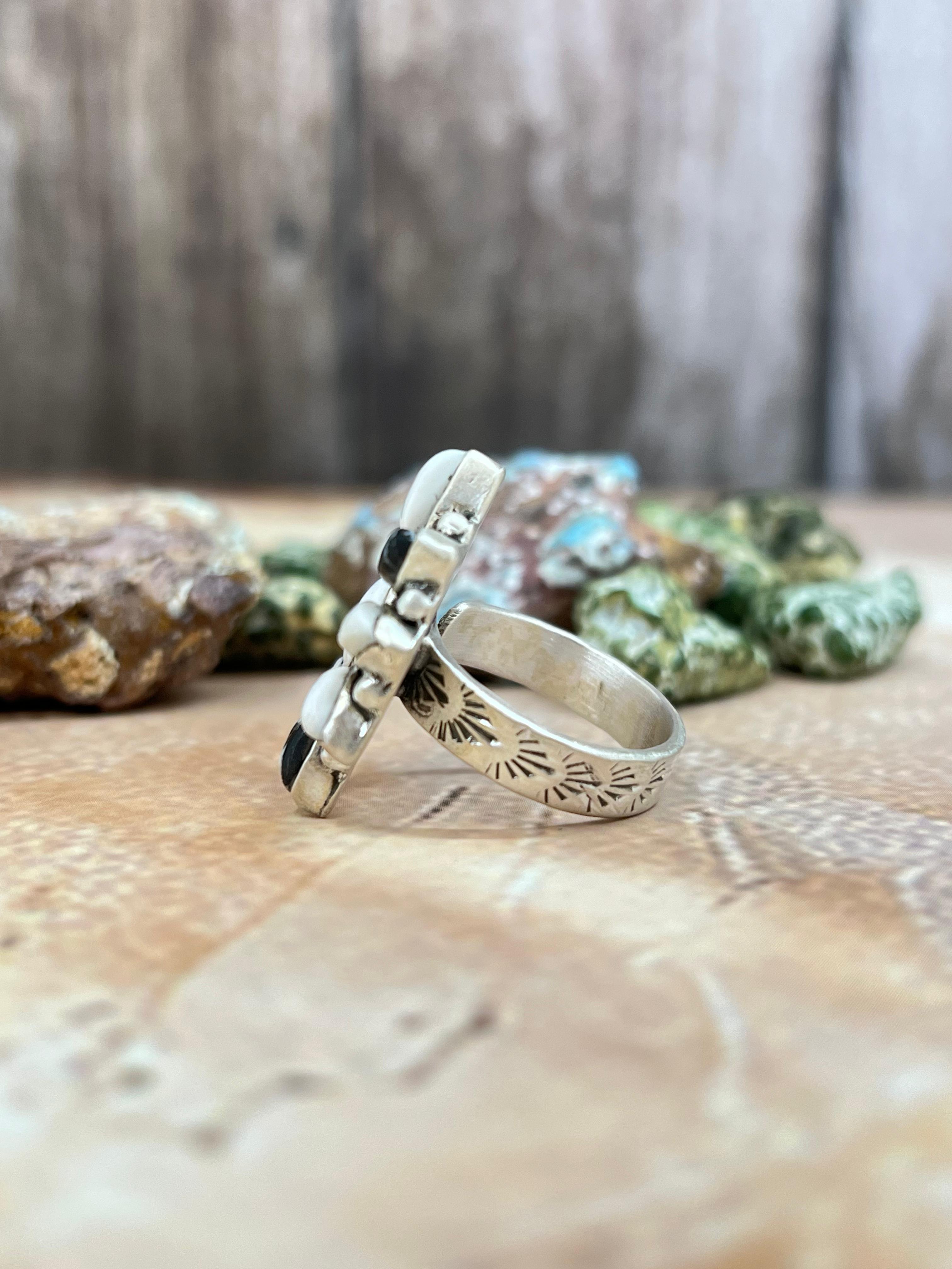 Handmade Sterling Silver Honey White Buffalo Turquoise Adjustable Ring with Signed Nizhoni