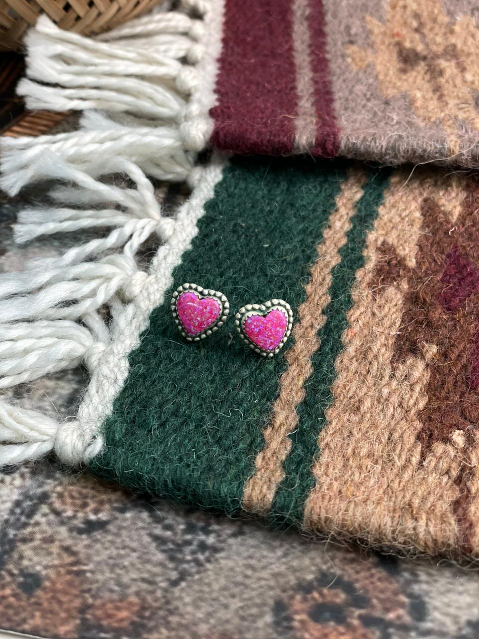 Handmade Sterling Silver Hot Pink Heart Shape Post Studs Earrings "Signed Nizhoni"