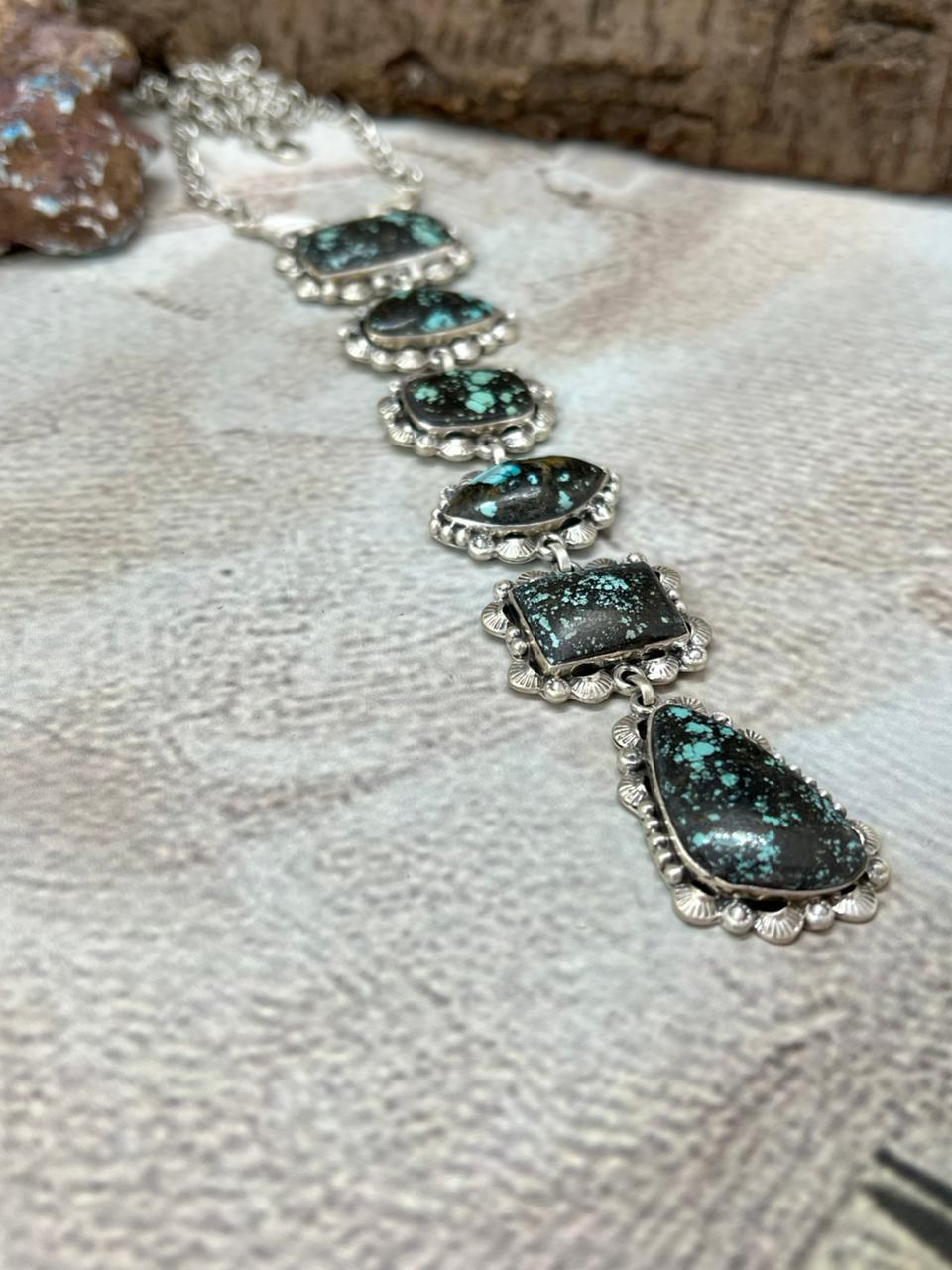 Handmade Sterling Silver Lander Turquoise Necklace with Signed Nizhoni