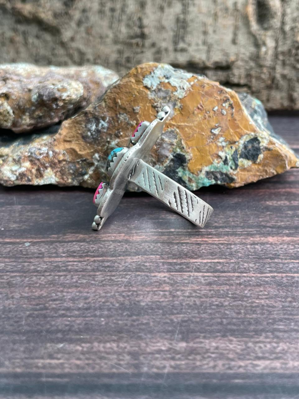 Handmade Sterling Silver Arizona Turquoise with Hot Pink Adjustable Ring "Signed Nizhoni"