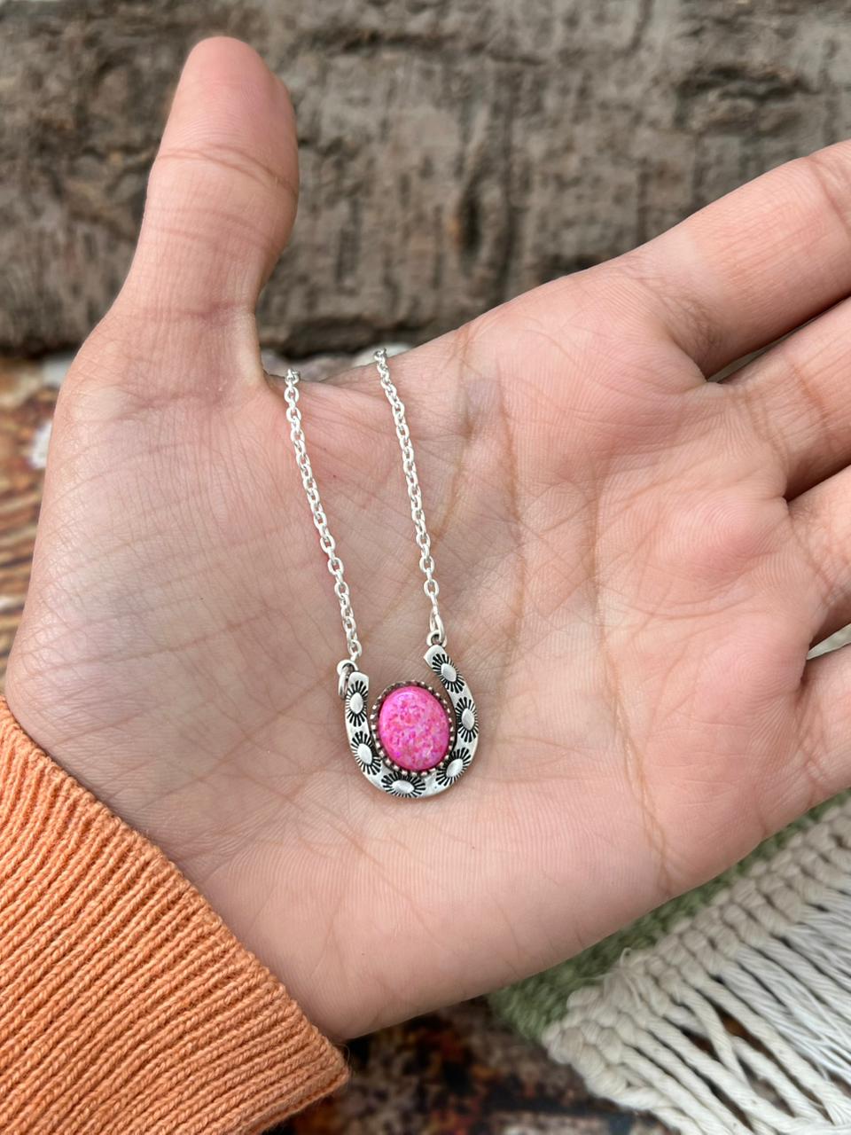 Handmade Sterling Silver Hot Pink Horseshoe Necklace "Signed Nizhoni"