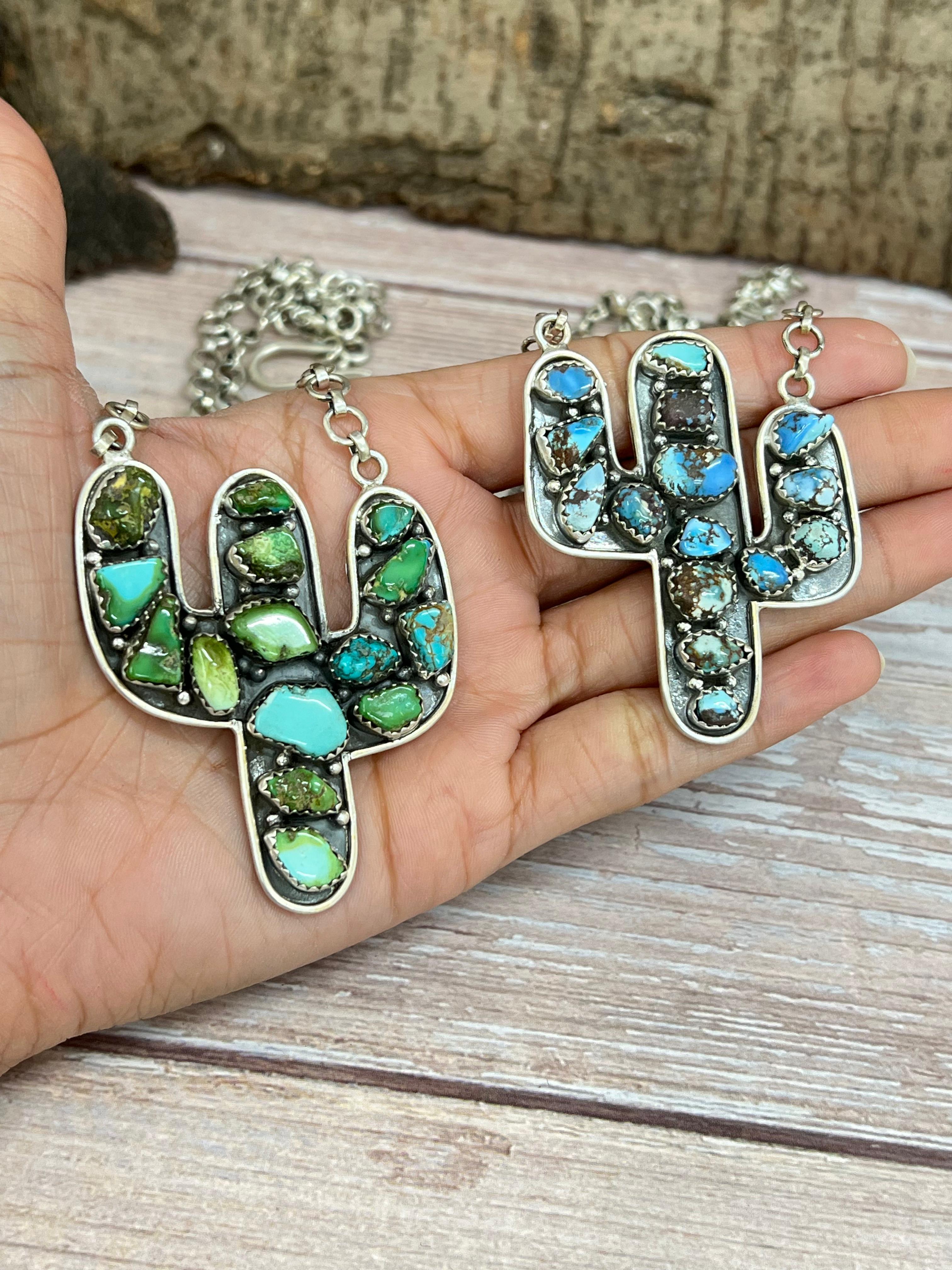 Handmade Sterling Silver Golden Hill Turquoise, Sonoran Cactus Necklace with Signed Nizhoni