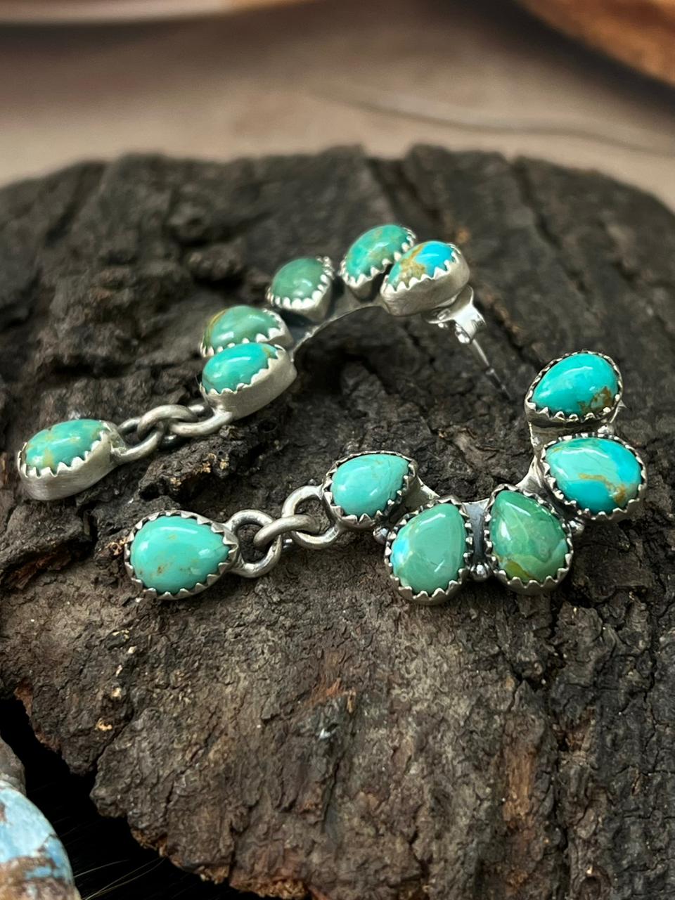 Handmade Sterling Silver Kingman Turquoise Post Dangle Earrings "Signed Nizhoni"