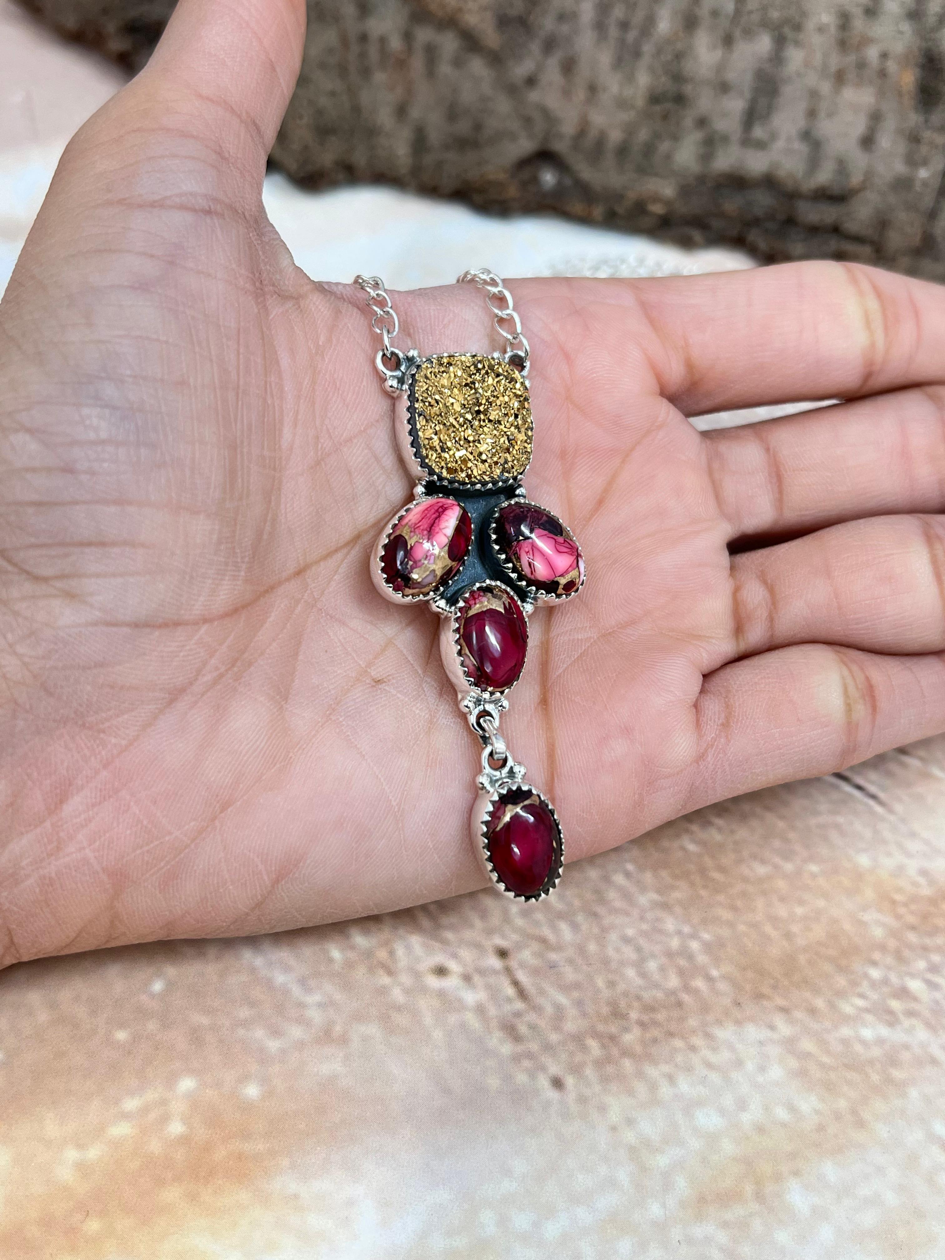 Handmade Sterling Silver Dahlia Rose with Druzy Necklace with Signed Nizhoni