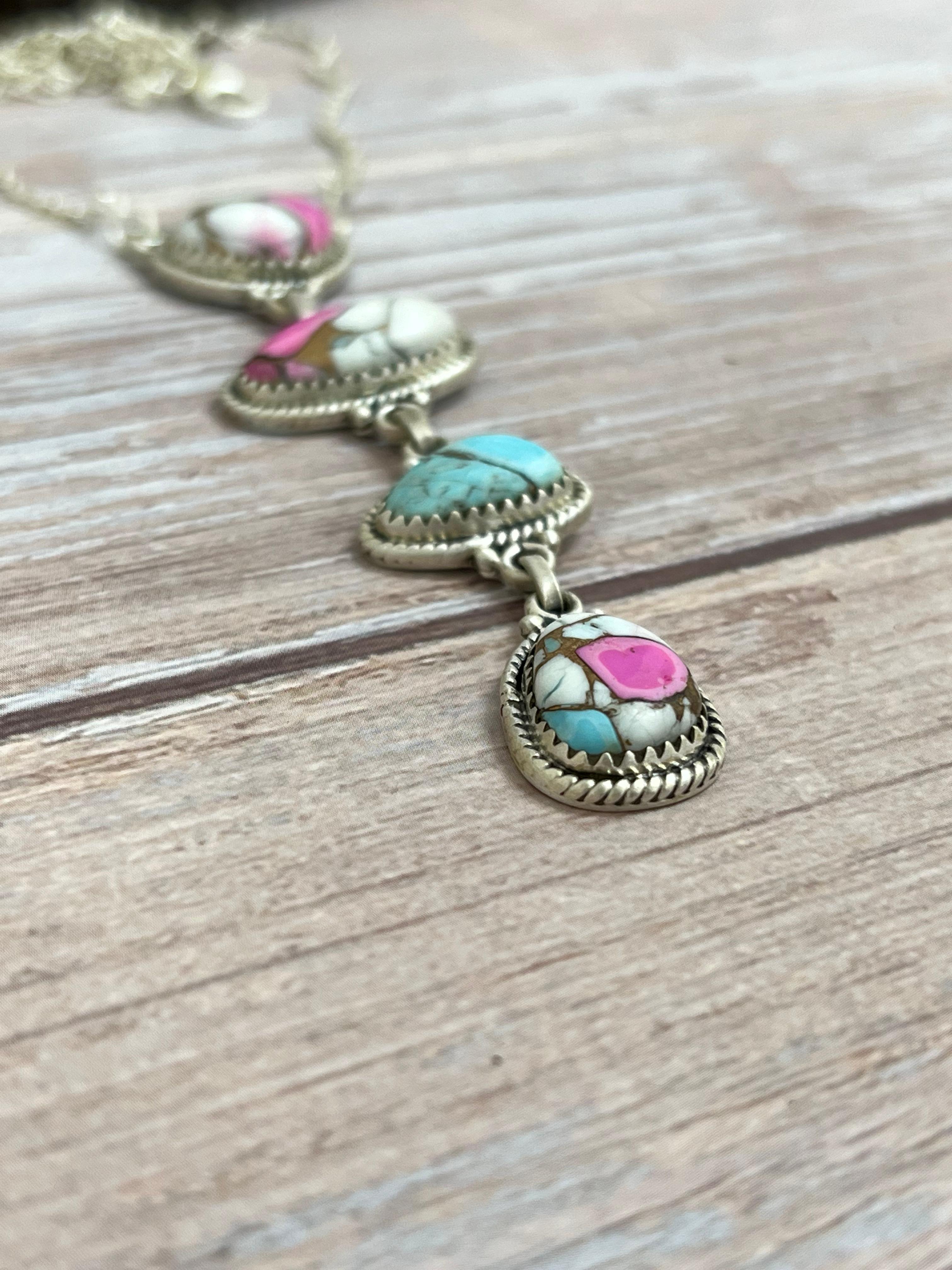 Handmade Sterling Silver Cotton Candy Turquoise Necklace with Signed Nizhoni