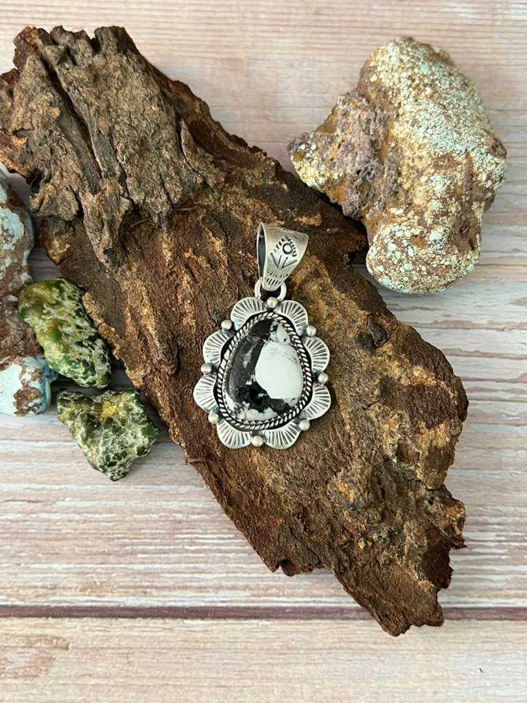 Handmade Sterling Silver White Buffalo Turquoise Pendant with Signed Nizhoni