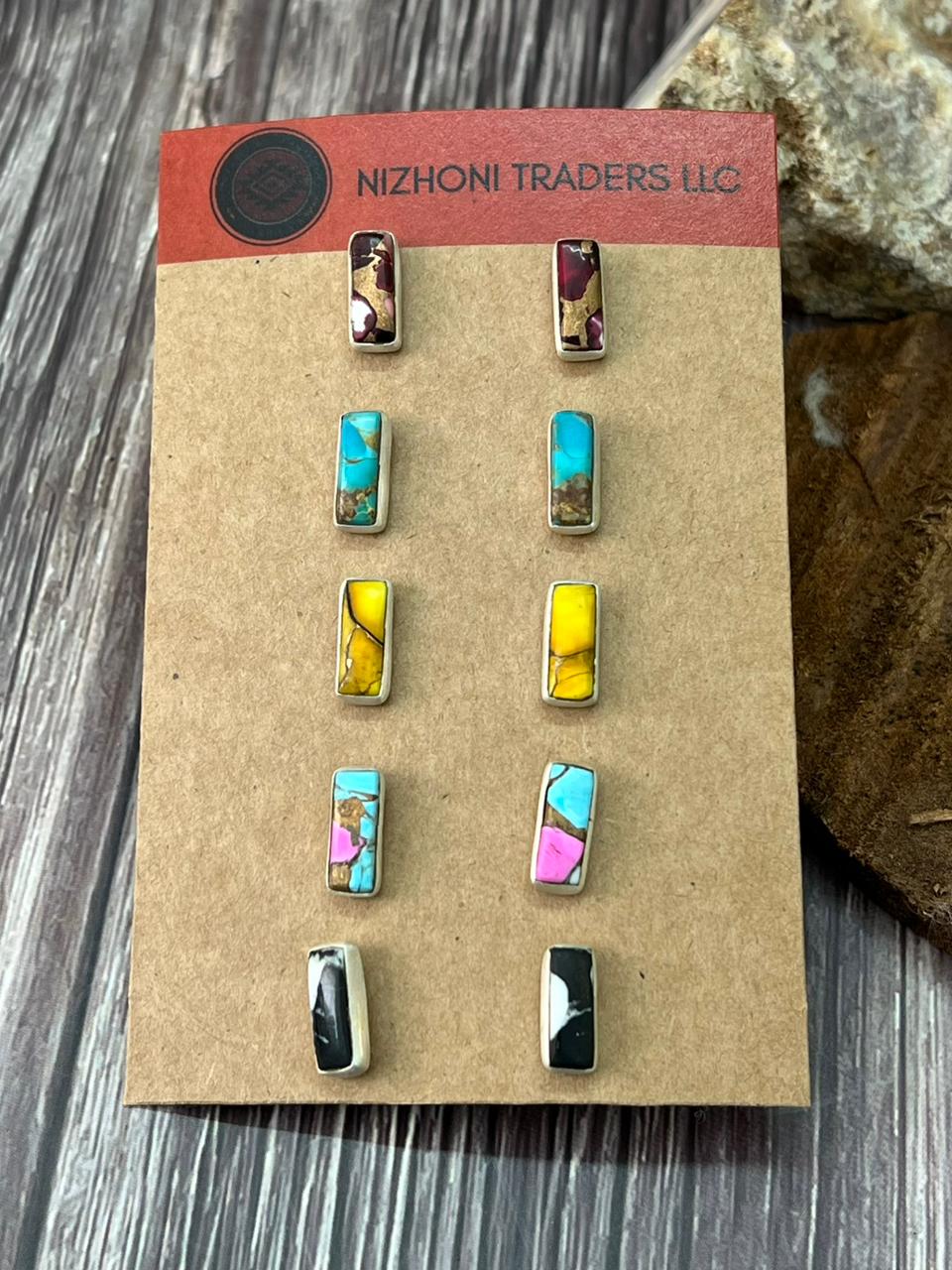 Handmade Sterling Silver Multi Stones Post Studs Earrings Card Set