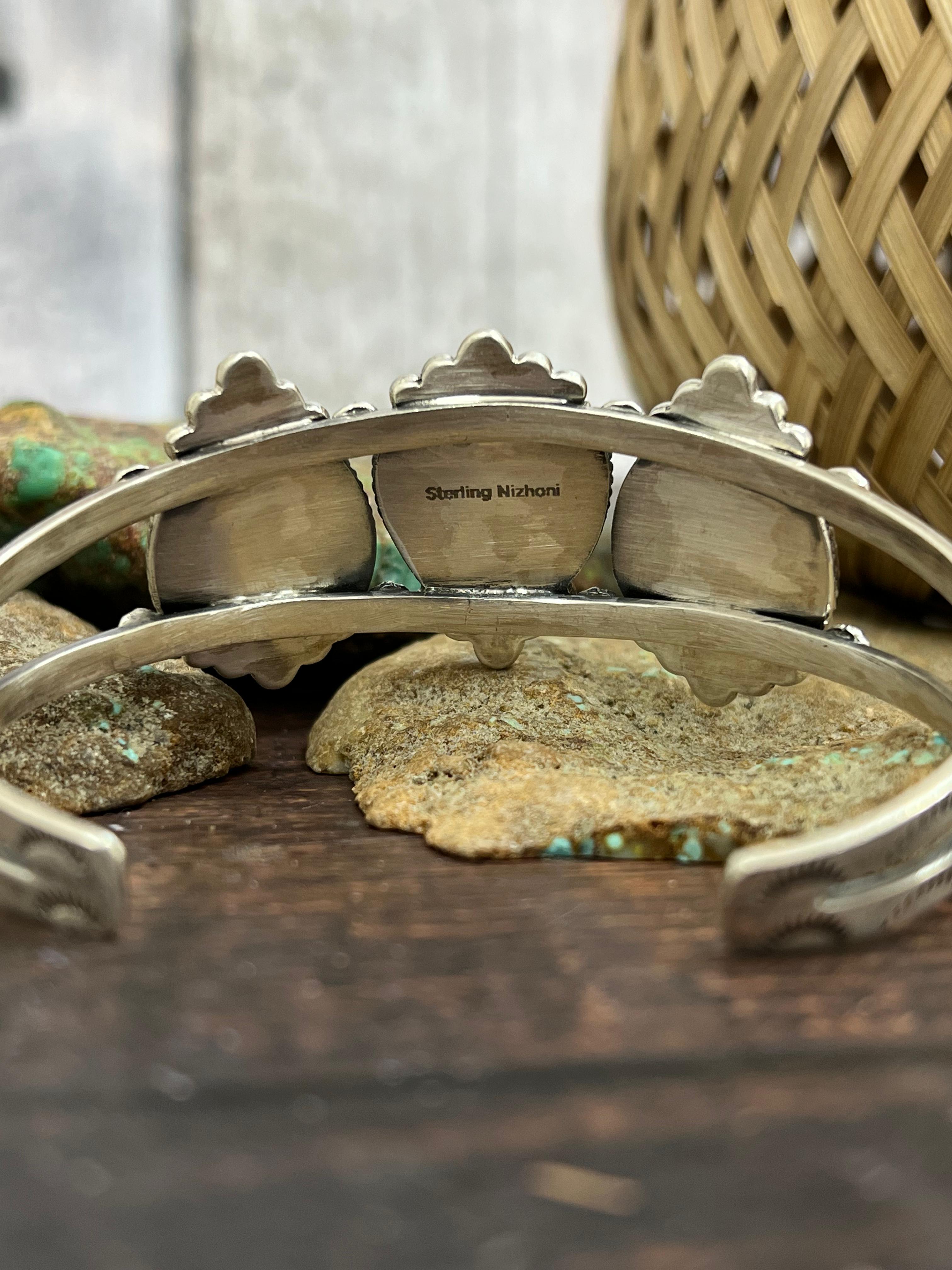 Handmade Sterling Silver Peacock Dahlia Cuff Bracelet with Signed Nizhoni