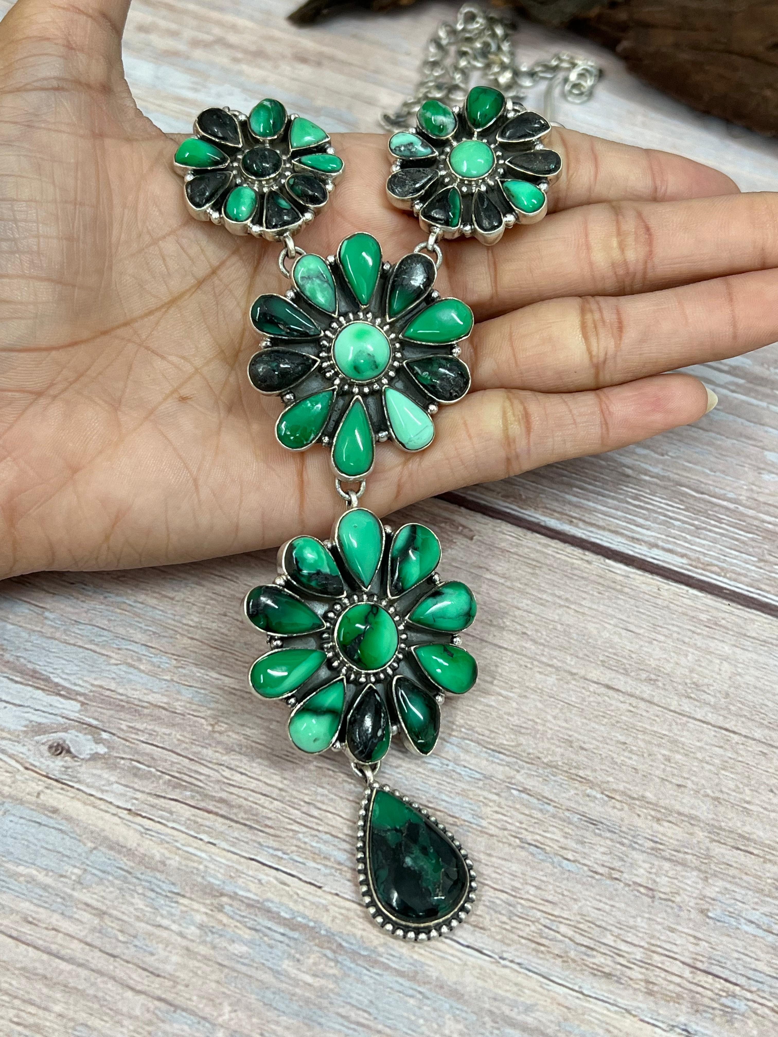 Handmade Sterling Silver Emerald Rose Necklace with Signed Nizhoni