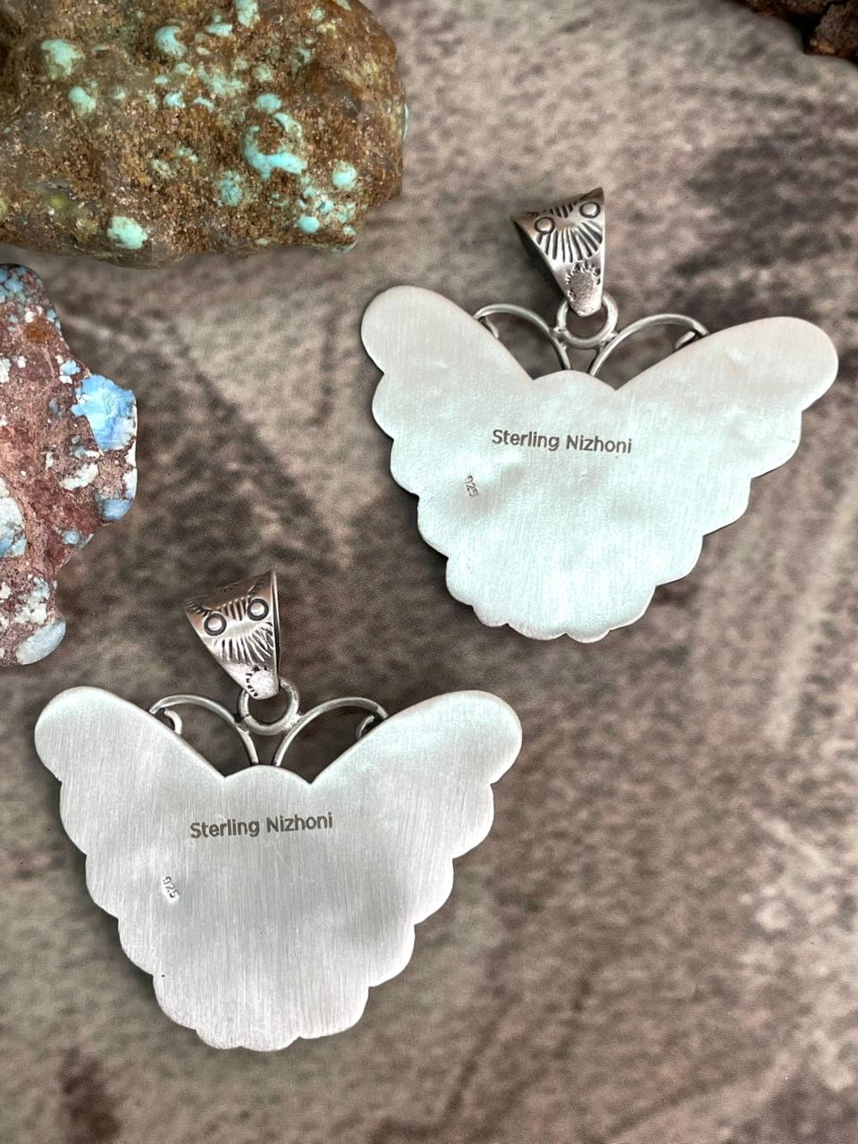 Handmade Sterling Silver Palomino Turquoise, Golden Hills Turquoise Butterfly Pendant with Signed Nizhoni