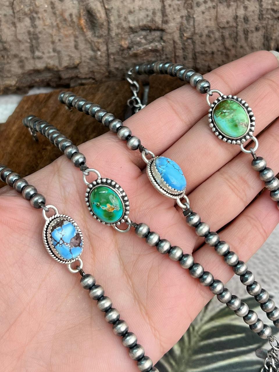 Handmade Sterling Silver Beaded Golden Hills, Sonoran Mountain Turquoise Chain Bracelet "Signed Nizhoni"