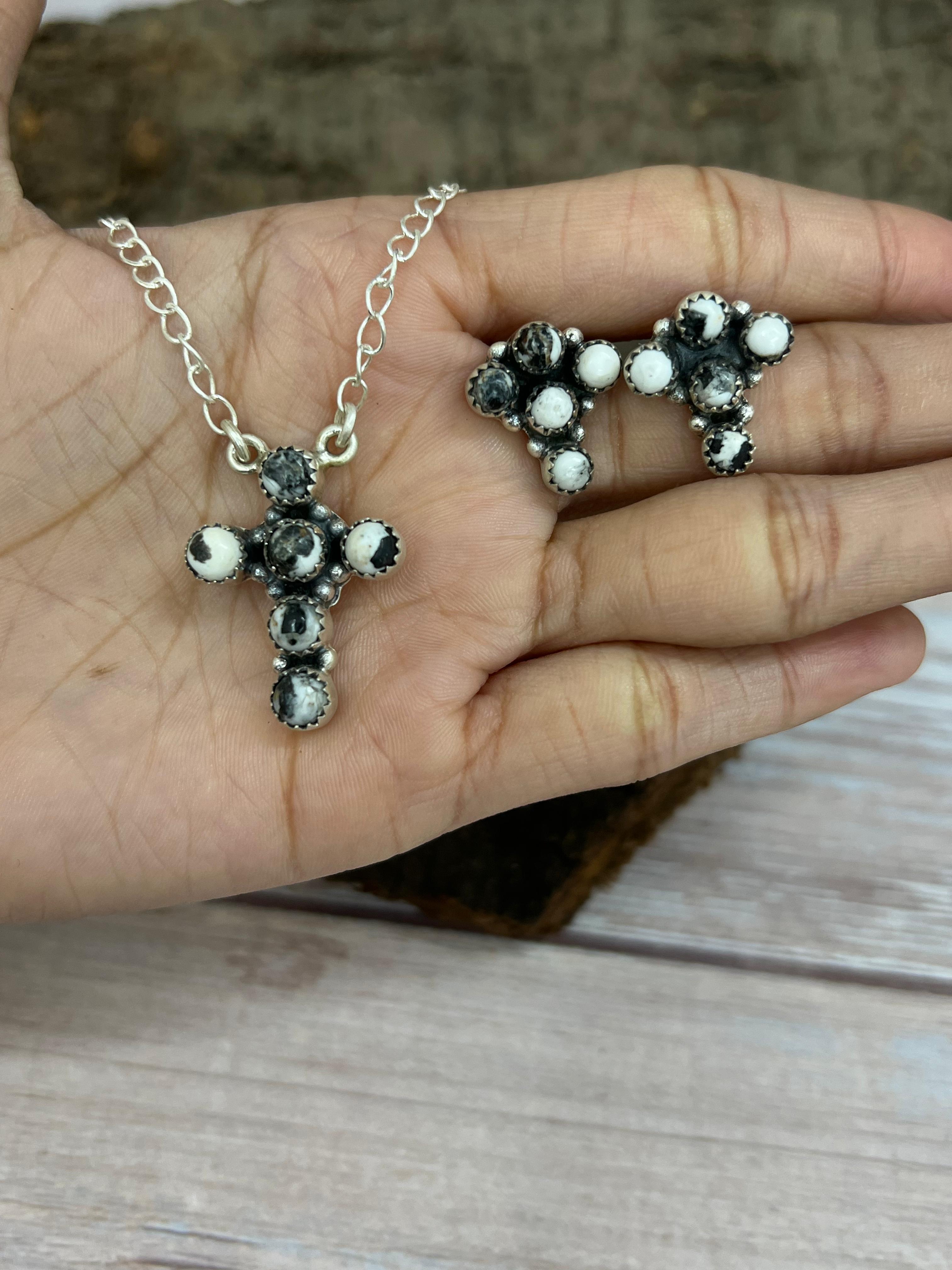 Handmade Sterling Silver White Buffalo Cross Necklace & Earrings Set Signed Nizhoni